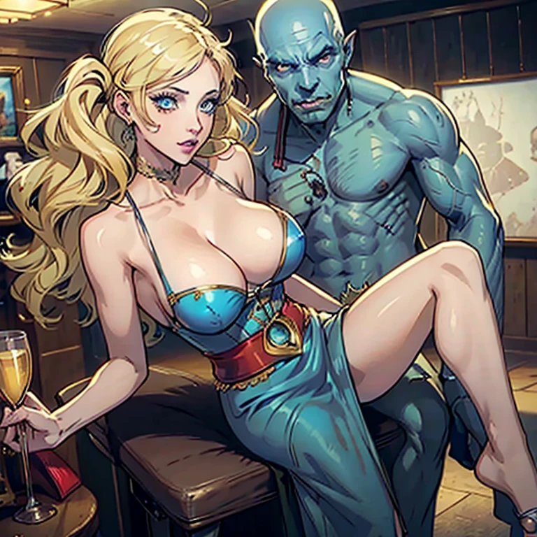 Outraged 20-year-old blonde girl with long wavy hair and blue eyes, in a blue dress with gold embroidery. 1 orc, green skin, in leather clothes. An argument with an orc in the office. The orc grabs her by the waist. delicate detail. ultra details. highly detailed characters. seen ???????????. ((masterpiece, sidelighting, finely detailed beautiful eyes: 1.2)), ultra-detailed, ultra high res,first-rate female bodies)