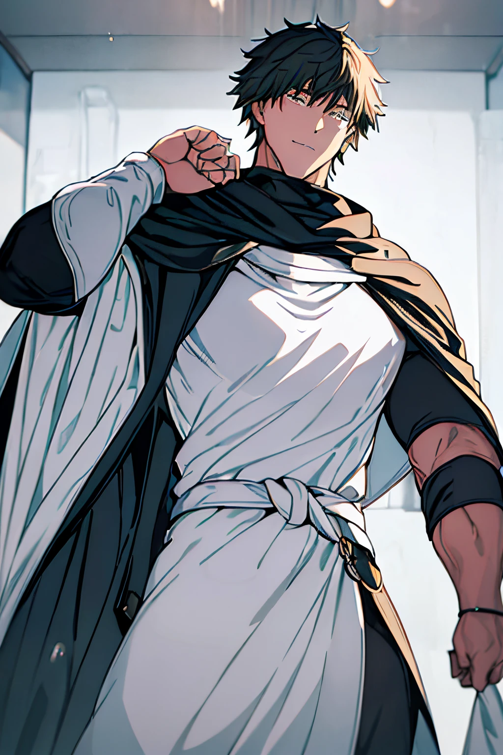 A man in his 30s. Knight in black and white poncho. black  hair.