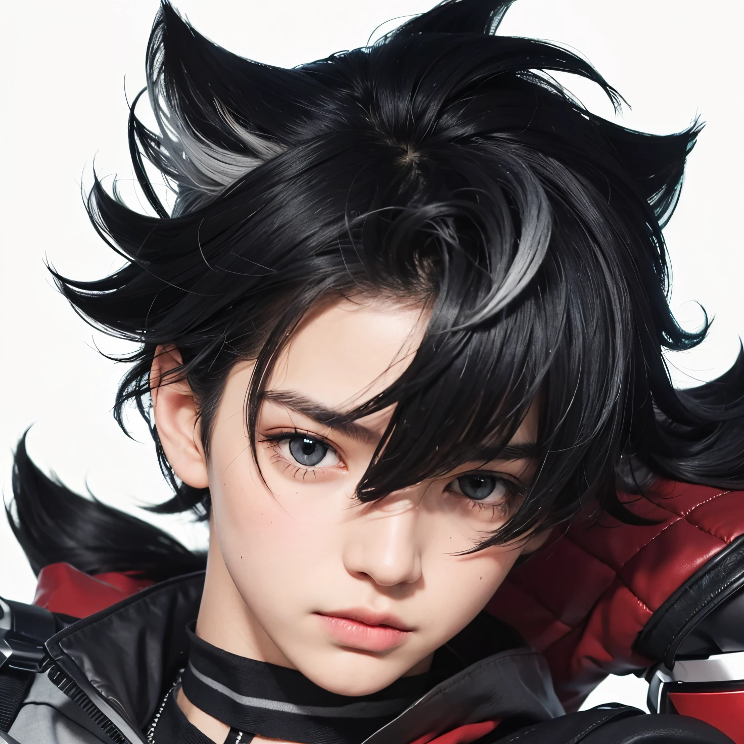 A teenage boy with realistic black and gray hair, (same realistic hairstyle), realistic handsome face, realistic cool expression, (adapt the same realistic clothes),realistic light, realistic shadows, realistic background, good image quality, very good image results, 4k, ultra detailed, realistic