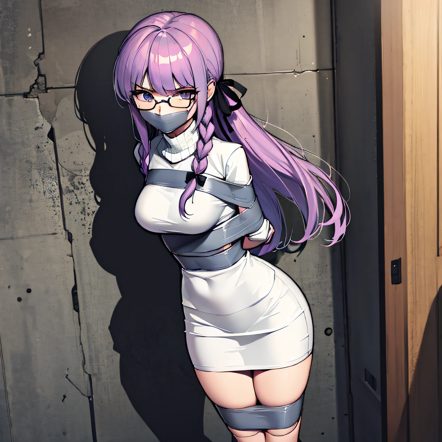 (absurdres, 8k, 4k, masterpiece, hyper extreme detailed:1.2), solo, front view portrait, best quality, portrait, solo, adult, cowboyshot, perfect anatomy, 1girl, perfect face, expressive eyes, perfect eyes, t-shirt, standing up, standing against wall, standing, kyoko kirigiri, (braid:1.1), hair behind ear, long hair, (side braid:1.1), light purple hair, hair ribbon, ribbon, (purple eyes:1.1), sweater, casualwear, glasses half body, dynamic pose, forward view, looking at viewer, stoic, uninterested, bound, bondage, (arms behind back:1.4), bdsm, tape gag, tape, tape bondage, close-up, restrained, best anatomy, half body, taped thighs, taped legs, legs together, tape wrapped, wrap gag, tightly bound, tape wrapped around face, standing, aakyoko, long hair, purple hair, side braid, blunt bangs, hair ribbon, black ribbon, danganronpa \(series\), annoyed,