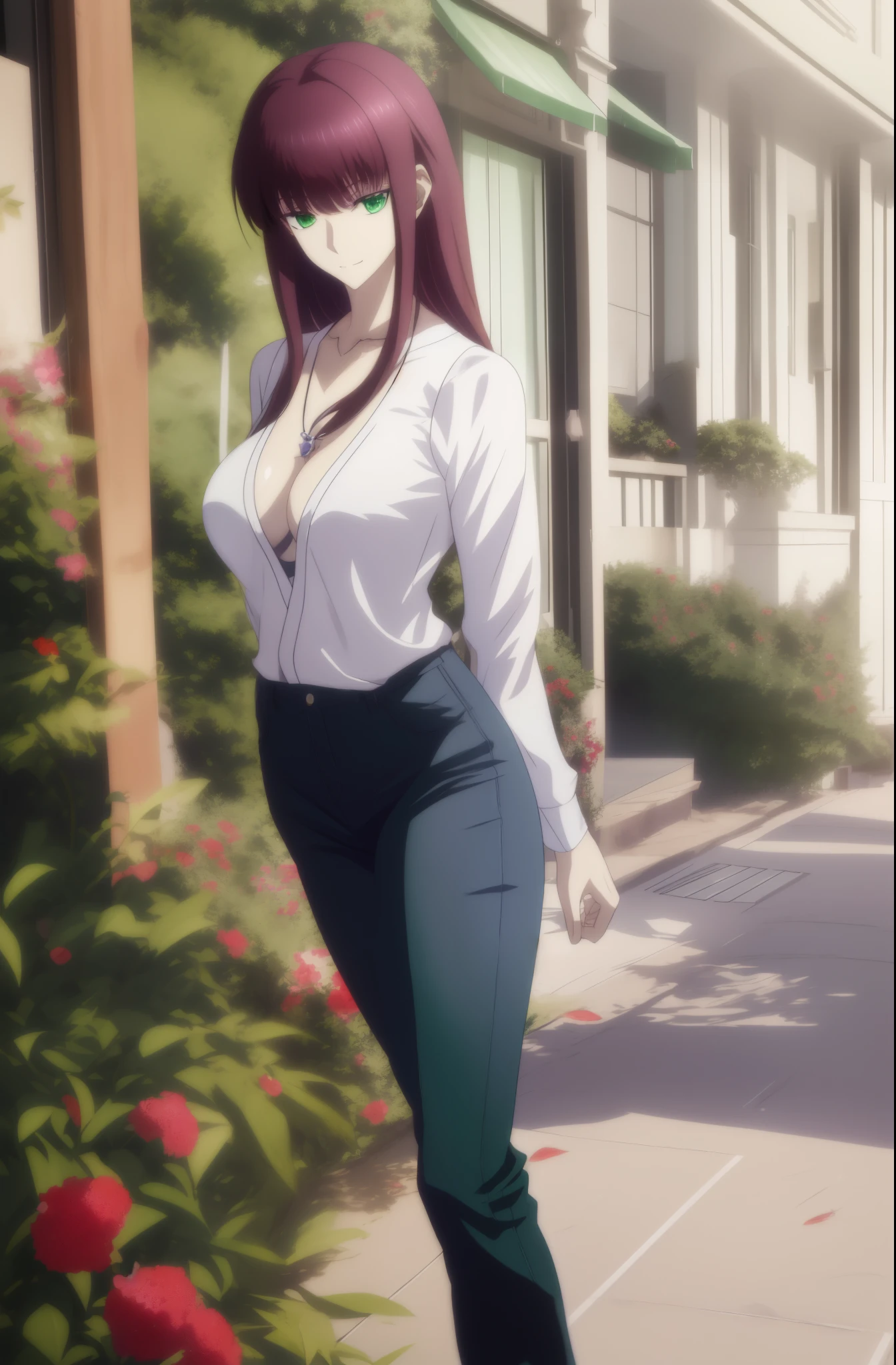 Anime girl with red hair and white shirt posing in front of the house, , Seductive Anime Girl, official anime still, anime visual of a young woman, a female anime character, official studio anime still, 8K UHD, hight resolution,Very detailed CG, High quality shadows, Detail Beautiful delicate face, Detail Beautiful delicate eyes,Makima (chain saw man),Sukasaha (Fate/grand order),Shimohira Reihua ,Hi-Res,Very delicate and beautiful CG illustration,top-quality,Realistic skin feeling,Realistic fabric,Realistic texture,beautiful thigh,big breasts thin waist,(((masutepiece))), (((Best Quality))),8K,32K,​masterpiece,beautiful alluring anime woman,ultra-definition,ultra-detailliert,hight resolution,a hyperrealistic schoolgirl,masuter piece, Best Quality, High quality, High Definition, high quality texture, high quality shadow, high detailing,finely detail,1girl in,High school students,Solo,Soio,Only one person,Alone,One Person,tall,AS-Adult,Mature atmosphere,Leg length,neat and long legs,8 Head Body,stature:171cm,Mature girls,Reddish-purple hair,Reddish-purple hair,Purple hair,Magenta hair,silky and smooth hair,Colorful hair,Straight hair,Smile,Smiling happily,lively expression,Cute smile,Cool Beauty,Beautuful Women,Neat face, Beautiful realism,Seductive look,Bewitching look,serene expressions,beautiful hairl,She wears a necklace around her neck,Necklace,bead necklace,magatama accessories,A slight smil,Colorful eyes,green colored eyes,Jade-colored eyes,beautidful eyes,Bright eye,Delicat eyes,Eyes Like Gems,Jade Eyes,Hanging eyes,(Green eyes:1.5),Seductive face,watching at viewers,mystic atmosphere,,Seductive face,looking at the viewers,((White collared shirt)),Pendants,JINS,Waistband,Blue Pants,Hands folded behind your back,is standing,during daytime,Sunlight,plein air,Walking,Business District,Model photo,Looking at the camera,blue-sky,is standing,White Button Shirt,Model photo,Walking,Black tank top,Blue pants,Put your hands behind your back,((skinny long jeans))