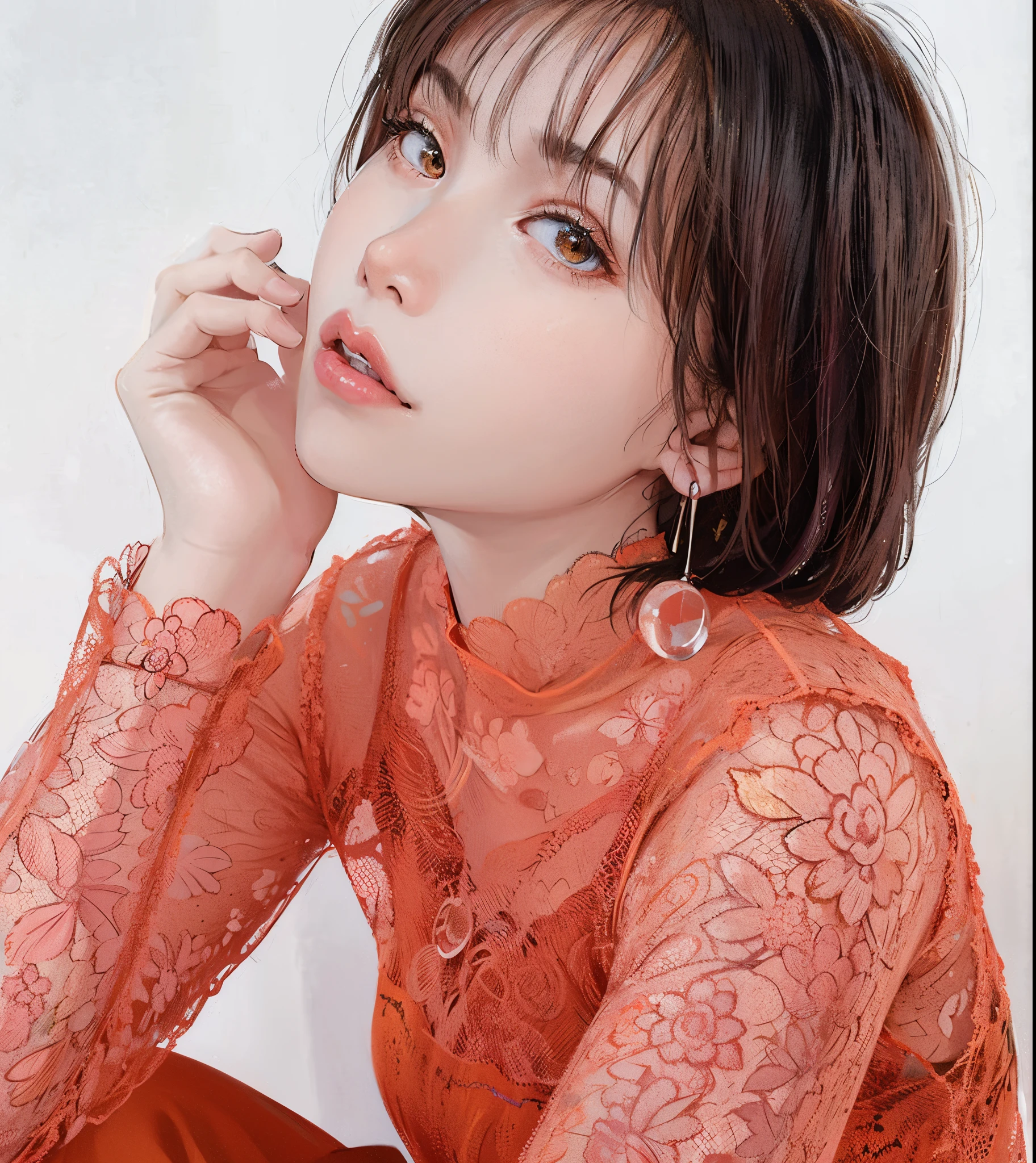 a close up of a woman in a sheer orange top posing for a picture, kiko mizuhara, lalisa manobal, chiho, 奈良美智, sun yunjoo, shikamimi, shiori teshirogi, sakimichan, 🚿🗝📝, heonhwa choe