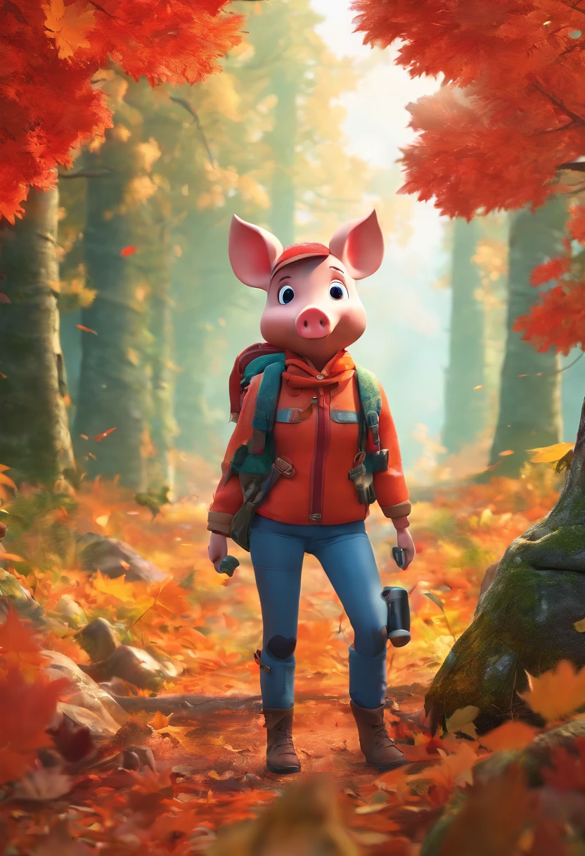 3D rendering of (Photograph of an adventurous pig sister standing on a path among the autumn leaves), hairy, Clear and beautiful face, Big green bright eyes, Binoculars hanging from her chest, Sister Rabbit wears a green and fashionable adventure outfit, Red hiking boots on his feet, , cute ears, Red and green camping hats, fashionable sunglasses, Carry a green shoulder bag with you, trowels, Camping gear, A compass associated with many adventure tools,
Curious to explore expressions, Cartoon, 4D, Fox,
Background: Autumn Leaf Forest Trail Red Forest, autumn forest, red illuminating fog, In a red dream, really beautiful forest, Beautiful forest, Beautiful hazy wood, Red shade spray, Breathable and beautiful trees, breath-taking beautiful trees, red fog, beautiful forests and trees, Bright but dark red, red trees,{{Masterpiece}},{{{Best quality}}},{{Ultra-detailed}}, {{{illustration}}},{{Disheveled hair}},concept art of character,Game scene graph,Clear facial features,close up photograph,Photography,postapocalyptic,Masterpiece,archviz/building rendering,Quixel Megascans Render,corona rendered,rendering by octane,v-ray,High detail,hyper qualit,high resolution,trending on artstationh,hyper photorealism,surrealism,HD,8K tilt shift,Long shot,Split Lighting,