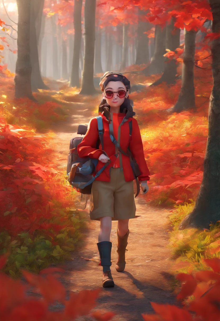3D rendering of (Photograph of an adventurous pig sister standing on a path among the autumn leaves), hairy, Clear and beautiful face, Big green bright eyes, Binoculars hanging from her chest, Sister Rabbit wears a green and fashionable adventure outfit, Red hiking boots on his feet, , cute ears, Red and green camping hats, fashionable sunglasses, Carry a green shoulder bag with you, trowels, Camping gear, A compass associated with many adventure tools,
Curious to explore expressions, Cartoon, 4D, Fox,
Background: Autumn Leaf Forest Trail Red Forest, autumn forest, red illuminating fog, In a red dream, really beautiful forest, Beautiful forest, Beautiful hazy wood, Red shade spray, Breathable and beautiful trees, breath-taking beautiful trees, red fog, beautiful forests and trees, Bright but dark red, red trees,{{Masterpiece}},{{{Best quality}}},{{Ultra-detailed}}, {{{illustration}}},{{Disheveled hair}},concept art of character,Game scene graph,Clear facial features,close up photograph,Photography,postapocalyptic,Masterpiece,archviz/building rendering,Quixel Megascans Render,corona rendered,rendering by octane,v-ray,High detail,hyper qualit,high resolution,trending on artstationh,hyper photorealism,surrealism,HD,8K tilt shift,Long shot,Split Lighting,