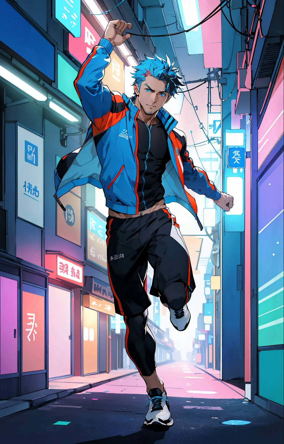 (masterpiece,best quality,absurdres ), 1man, muscular, detailed eyes, blue eyes, open jacket, running to camera, upper body, (fluorescent lamp),(colorful), ((abstract background)),