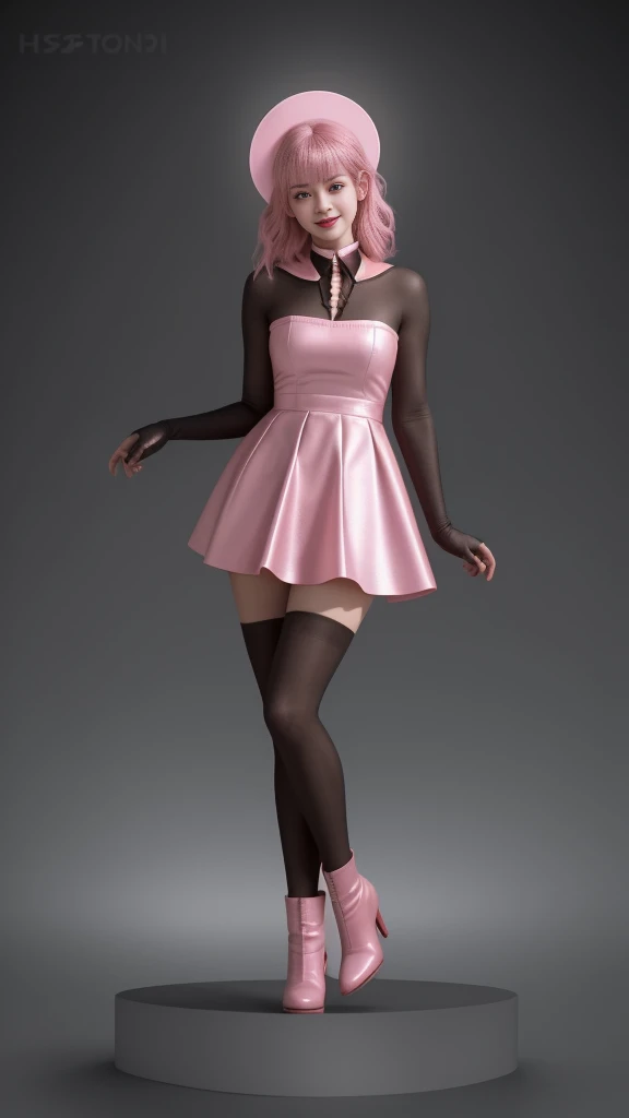 (full bodyesbian:1.5)，(((1girll)):1.3),(view the viewer:1.4)，((??????? correct):1.45),(Smile:1.15),(Opaque pantyhose:1.3),(Wearing fashionable clothes and short skirts:1.2),(girls high heel boots:1.1)，(Accurate and perfect face:1.3),（nice leg line：1.3），(Dark-eyed pink-haired girl:1.2)，hyper HD,Ray traching,reflective light,structurally correct,Award-Awarded,High detail,Fade shadow contrast,Face lighting，Cinematic lighting,Masterpiece,super detailing,High quality,High detail,Best quality,16k，High contrast