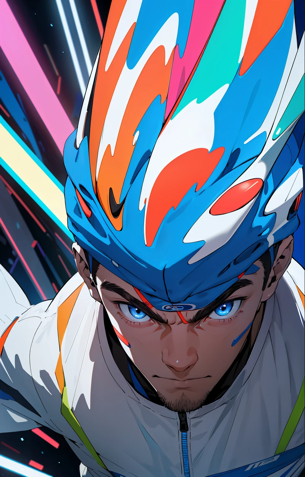 (masterpiece,best quality,absurdres ), 1man, muscular, detailed eyes, blue eyes, open jacket, running to camera, upper body, (fluorescent lamp),(colorful), ((abstract background)),