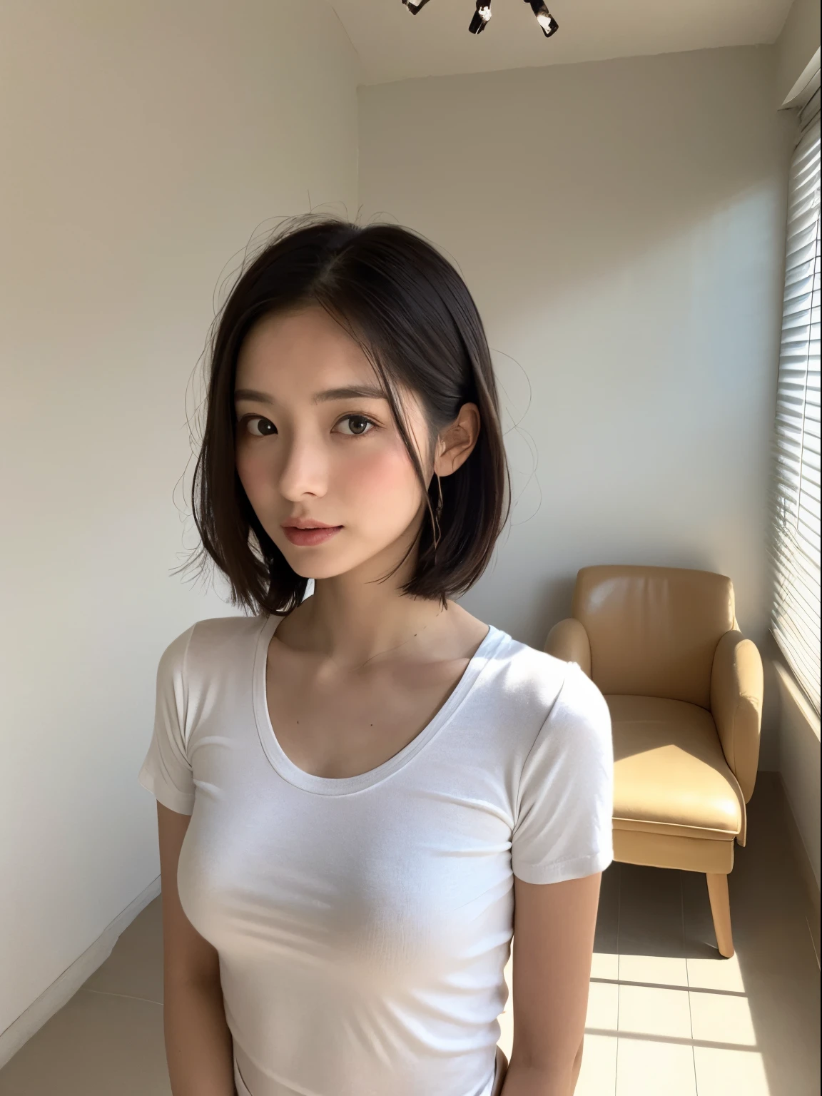 Japan, female in her 35s, Small breasts, skinny, Short stature, Short hair, boyish, Plain white T-shirt, photo-style description, 8K description, Sunlight, natural, masutepiece, Perfect、(white wall room with window、Shot in a beauty salon)、Shot in natural light、Winter clothes、Poses variadas