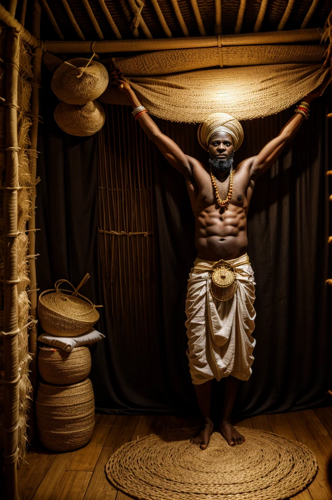 an orisha with his face covered with straw and wearing a straw garment that wraps around his whole body, ((full body of straw)), only the arms are left out, Umbanda deity known as Obaluaie ((omolu)), (( Candomblé)), African bracelets on the arms, head covered by straw headdress, in the background a slave quarters of Brazilian slaves, inspired by omolu, Inspired by Obaluae