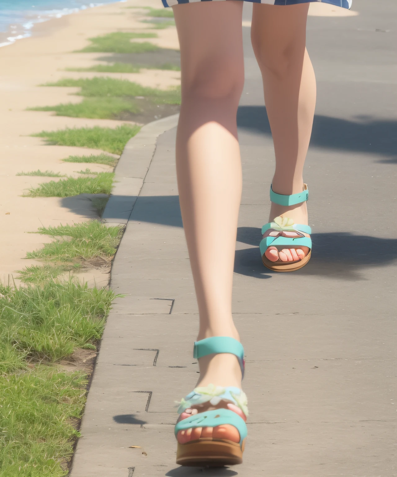 A girl walking around town wearing beach sandals