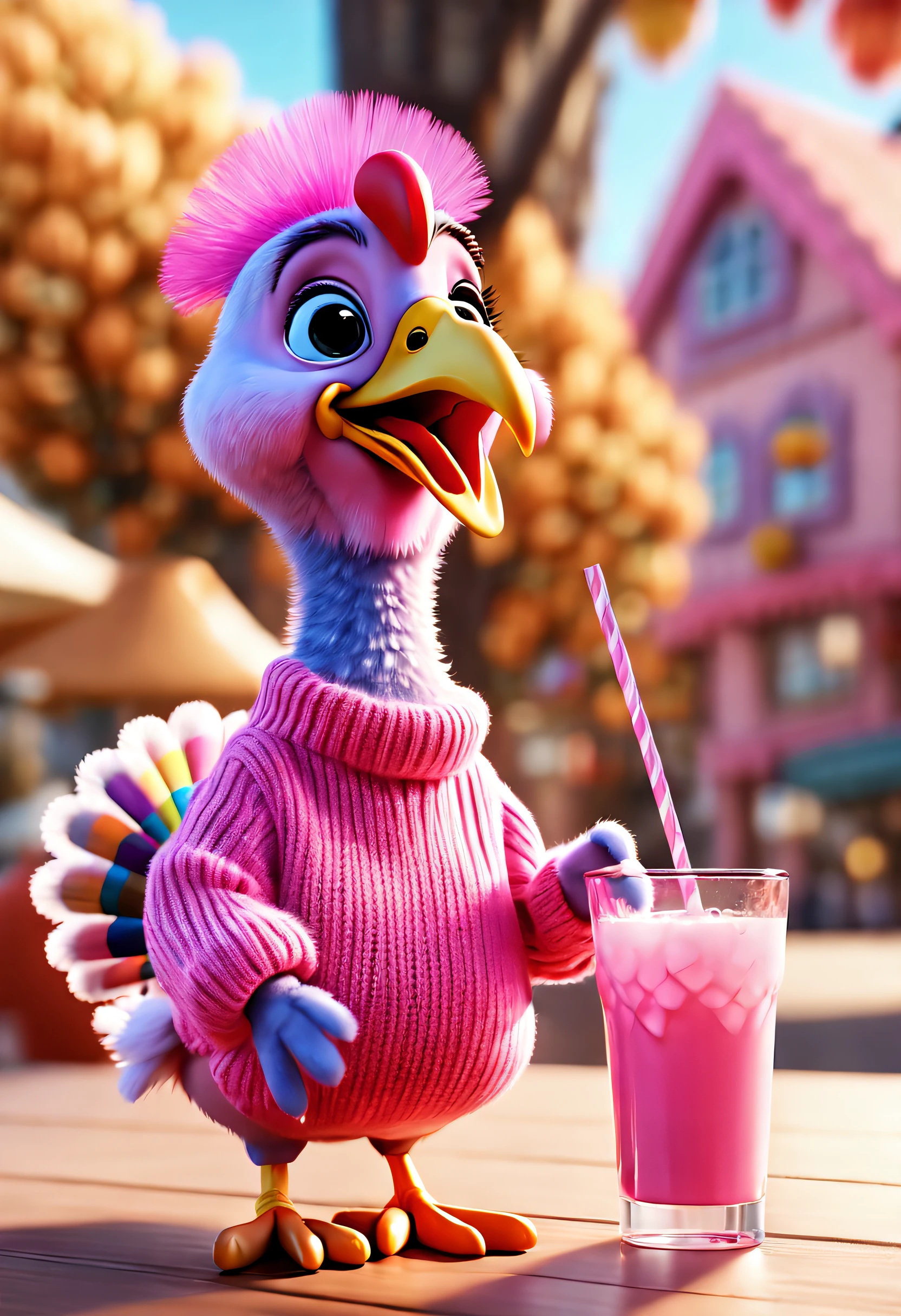 Brand advertising,Creative poster,Cute turkey wearing pink sweater with pixar drink,a 3D render, ultra-realistic realism, Fluffy, unreal-engine, 5 quality rendering, a 3D render, furry art,
