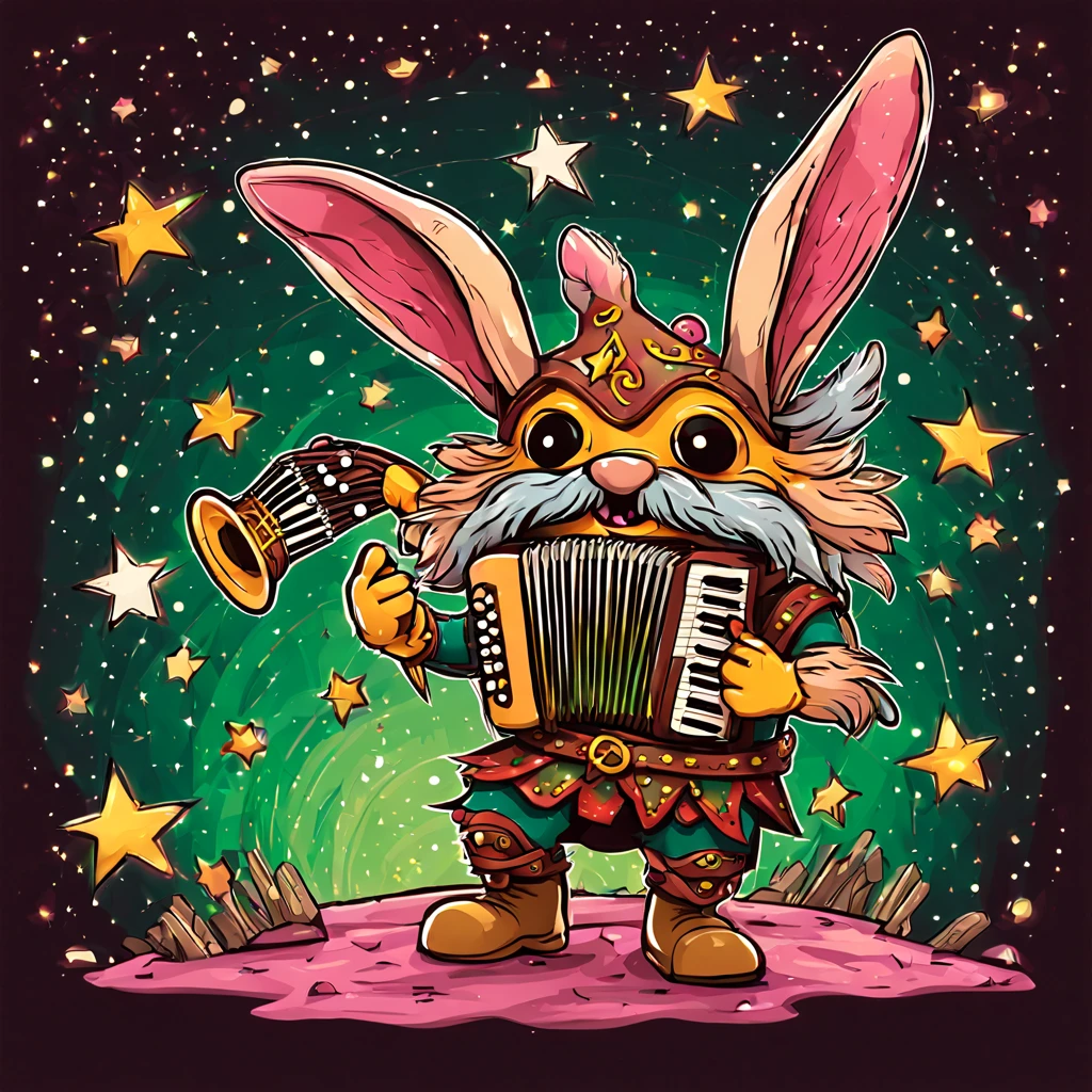 Rabbit Monster that is musical gnome-like with viking-like bard outfit brown tan and yellow red mane and a horned viking helm playing a accordion that blasts out pinkish-green light and stars, best quality, masterpiece, background concert, in matte art style