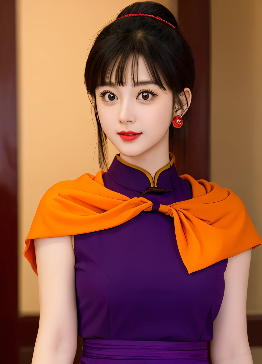 masterpiece, best quality, highest quality, photorealistic, perfect anatomy, perfect face, perfect eyes,
dbzch1ch1, sidelocks, bangs, single hair bun, hair bun, (black eyes), orange pashmina wrap, red sphere earrings , red wristbands, purple cheongsam, sexy  pose