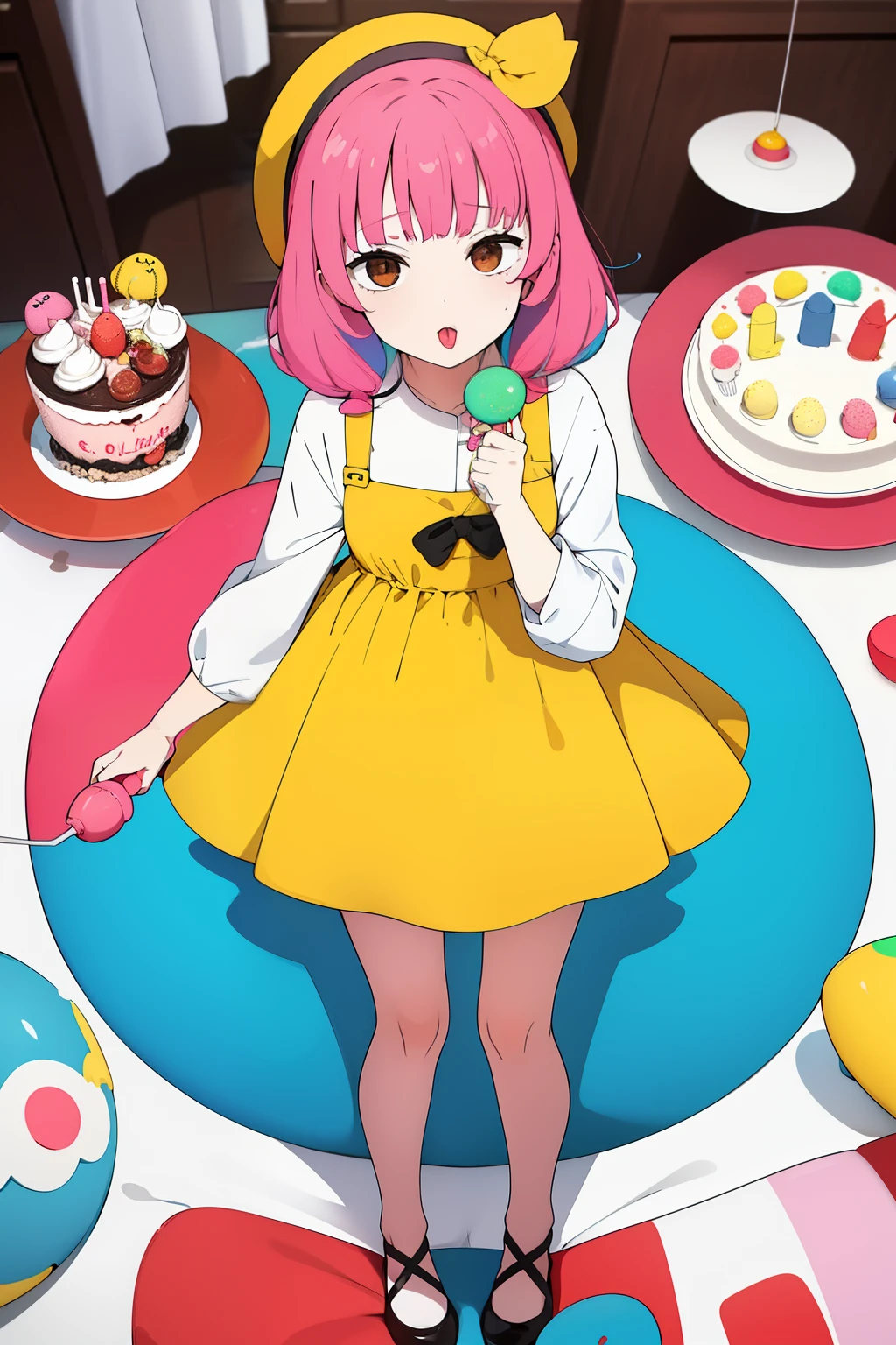 Cute girl, with a big lollipop in her hand, Large round lollipop, lollipop, Yellow clothes, Multicolored lollipop, candy, Umm Al-Candy, Draw hands better, cake and juice, Israel, eggs, dolls,Tongue outside the mouth, Israel Flag ﷺ