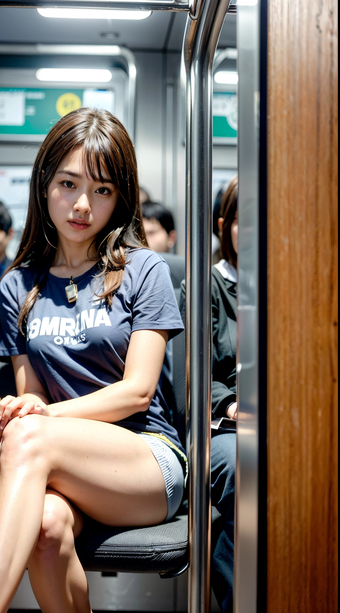 「(masutepiece, High quality, Ultra High Quality, 4K)OL、Emphasis on the thighs、Office Suits:1.2、Sitting on the train at night、s asleep:1.3、The inside of the skirt is white panties:1.3、((Open your crotch wide:1.5))、Face-to-face angle,(Angle from below),Sitting in a train seat,Sitting at the front,Zoom camera in the crotch,Feet are on the floor of the train,full body Esbian,Best Quality,(Photorealistic:1.4),, High resolution, detail, Raw photo,