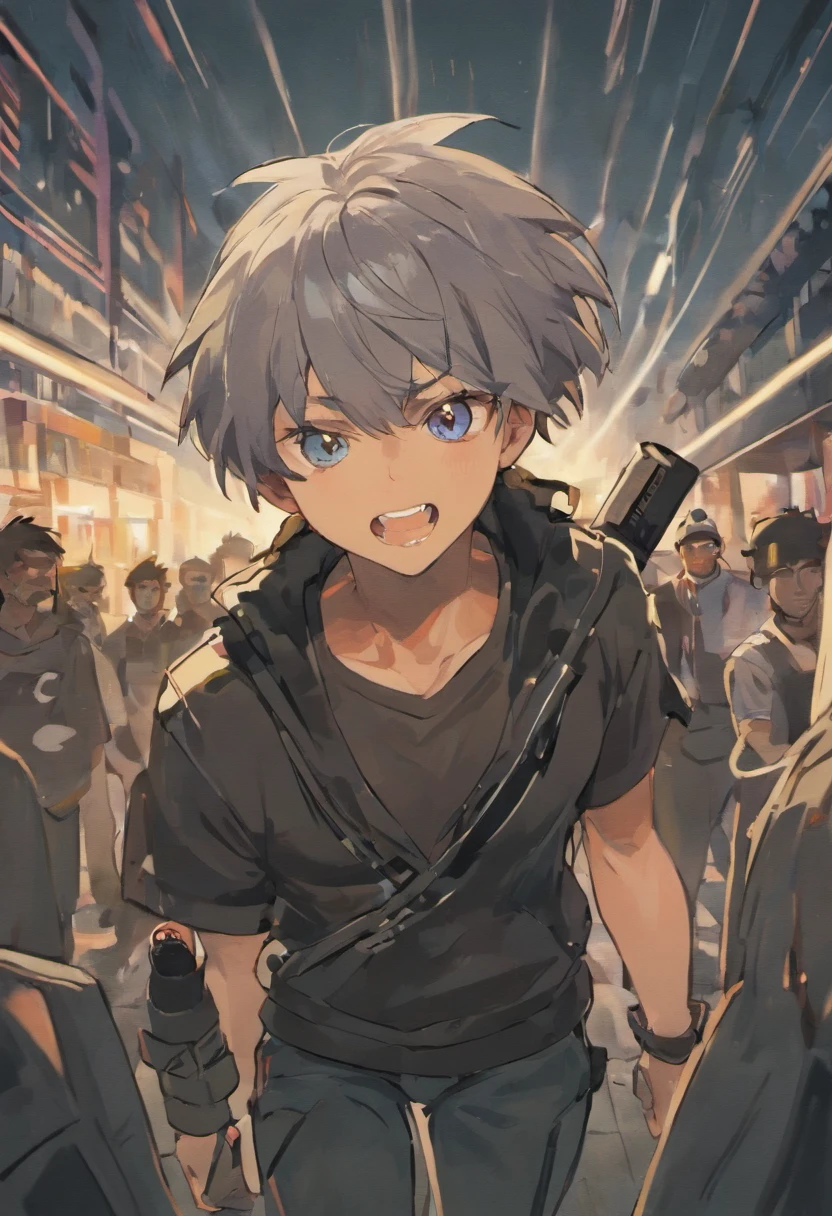 homem em fuga, camiseta preta, bermuda cargo militar, with firearm in hand, revolver, action movie atmosphere, correndo em uma rua vazia, black hair, hair bobbles, wince, longeyelashes, solid circle eyes, fake animal ears, light smile, ear blush, fang, eyepatch, eyepatch, aqua eyes, grey hair, mohawk, evil smile, drunk, screaming, scowl, Surrealism, drop shadow, anaglyph, stereogram, tachi-e, pov, atmospheric perspective, Impressionism, silhouette, dithering, Wide-Angle, vanishing point, motion lines, 8k, super detail, ccurate, best quality, super detail, masterpiece