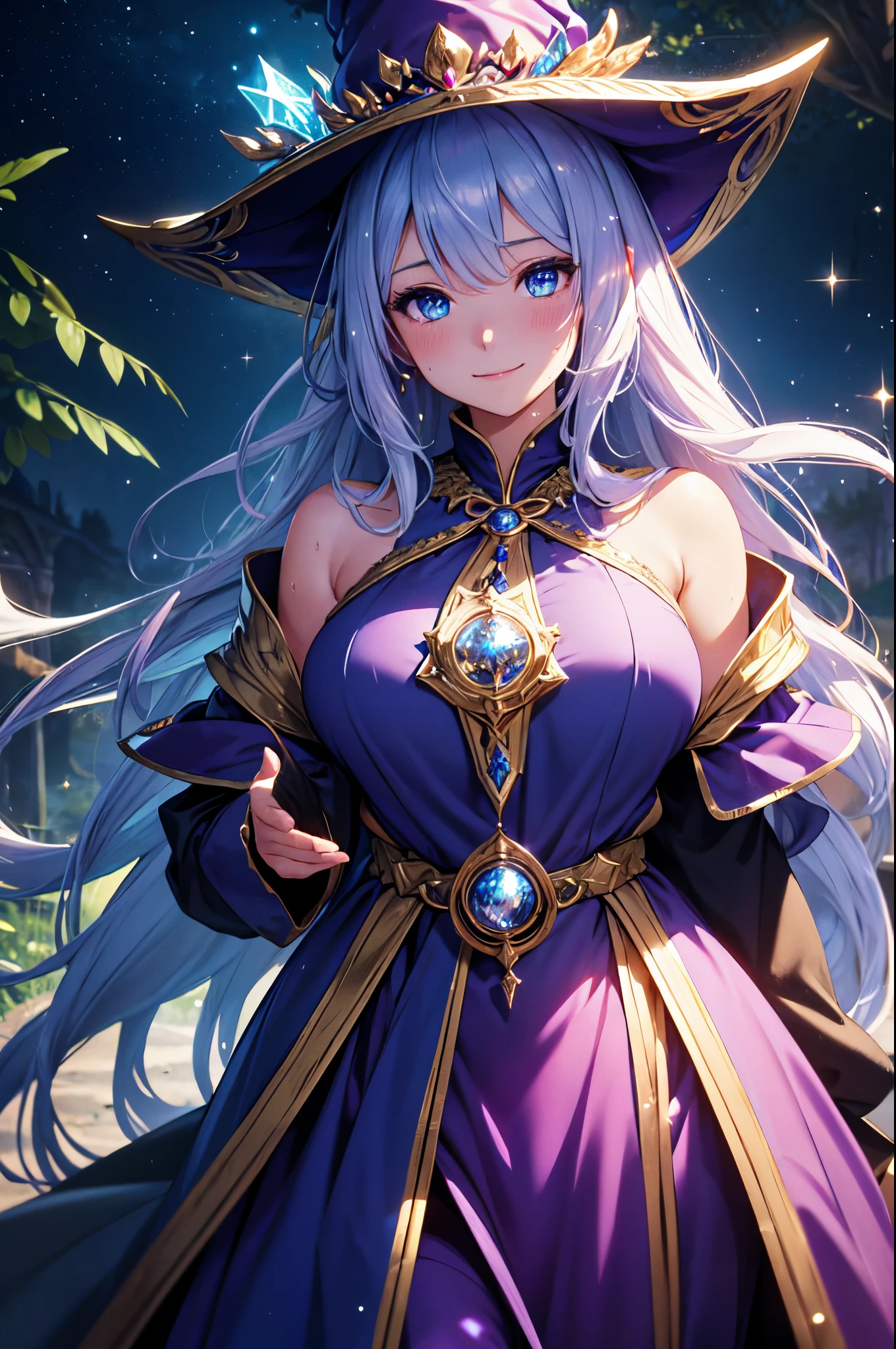 (High quality, High resolution, Fine details), Realistic, (fantasy), detailed female wizard with long flowing robes, pointed hat, enchanted atmosphere, magical glow, sparkling stars, sorceress casting powerful spells, mysterious and mystical, ancient grimoire, ethereal beauty, fairytale forest backdrop, moonlight illuminating her path, deep blue and purple color palette, soft and enchanting lighting, magical, solo, Curvy women, sparkling eyes, (Detailed eyes), smile, blush, Sweat, Oily skin, Shallow depth of field
