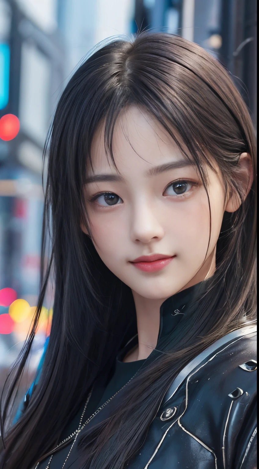 masterpiece, 1 beautiful girls, detaileds, Swollen eyes, top-quality, 超A high resolution, (现实: 1.4), OriginalPhotographs, 1girl in, 电影灯光, A smile, japanes, Asian Beauty, Korean, Proper, very extremely beautiful, Slightly younger face, Beautiful skins, slender, cyberpunk backgrouns, (A hyper-realistic), (illustratio), (hight resolution), (8K), (ighly detailed), (The best illustrations), (beautifully detailed eyes), (ultra-detailliert), (wall-paper), (详细的脸), looking at the viewers, fine detailed, A detailed face、deep-shadows、Unobtrusive、pureerosfaceace_v1、46-point diagonal bangs、Facing straight ahead、Neat Clothing、Black colored eyes、
