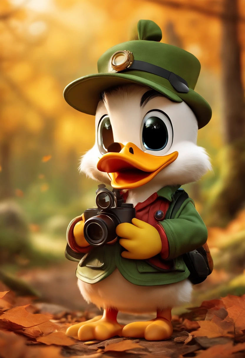 (full body character design of chibi donald duck from disney carrying binoculars stands on the path between the autumn leaves), Cartoon exploration elements,(There are binoculars around his neck:1.37),hairy, Big green bright eyes,, The rabbit wears a stylish green adventure outfit,green shorts, Wear red hiking boots on your feet, cute ears, (Green camping hat, Carry a green backpack with you, trowels, camping equipment, compass,)(Curious to explore expressions:1.37), Exaggerated expressions,Cartoon, 4D, Fox,at centre,Three-point system
Add a little background: Autumn Leaf Forest Trail Red Forest, autumn forest, red illuminating fog, In a red dream, really beautiful forest, Beautiful forest, Beautiful hazy wood, Red shade spray, Breathable and beautiful trees, breath-taking beautiful trees, red fog, beautiful forests and trees, Bright but dark red, red trees, a 3D render
{{Masterpiece}}, {{{Best quality}}}, {{Ultra-detailed}}, {{{illustration}}},concept art of character,Game scene graph,Clear facial features,close up photograph,Photography,postapocalyptic,Masterpiece,archviz/building rendering,rendering,corona rendered,rendering by octane,v-ray,High detail,hyper qualit,high resolution,trending on artstationh,hyper photorealism,surrealism,k hd,8K tilt shift,Long shot,Split Lighting,