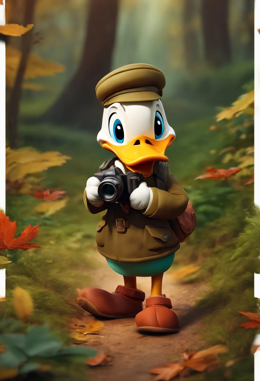 (full body character design of chibi donald duck from disney  carrying binoculars stands on the path between the autumn leaves), Cartoon exploration elements，（There are binoculars around his neck：1.37），hairy,  Big green bright eyes,, The rabbit wears a stylish green adventure outfit,green shorts， Wear red hiking boots on your feet， cute ears, (Green camping hat, Carry a green backpack with you, trowels, camping equipment, compass,)(Curious to explore expressions:1.37), Exaggerated expressions，Cartoon, 4D, Fox,at centre，Three-point system
Add a little background: Autumn Leaf Forest Trail Red Forest, autumn forest, red illuminating fog, In a red dream, really beautiful forest, Beautiful forest, Beautiful hazy wood, Red shade spray, Breathable and beautiful trees, breath-taking beautiful trees, red fog, beautiful forests and trees, Bright but dark red, red trees, a 3D render
{{Masterpiece}}, {{{Best quality}}}, {{Ultra-detailed}}, {{{illustration}}},concept art of character,Game scene graph,Clear facial features,close up photograph,Photography,postapocalyptic,Masterpiece,archviz/building rendering,rendering,corona rendered,rendering by octane,v-ray,High detail,hyper qualit,high resolution,trending on artstationh,hyper photorealism,surrealism,k hd,8K tilt shift,Long shot,Split Lighting,