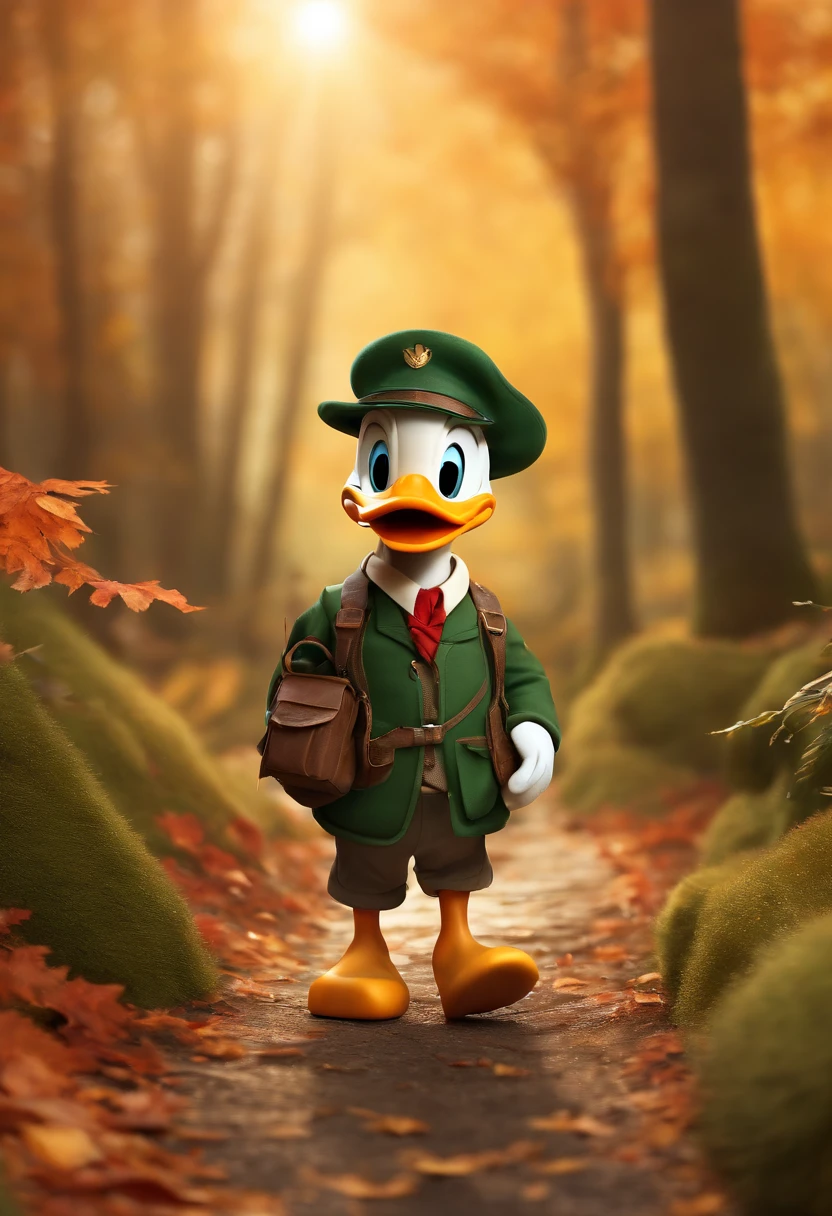 (full body character design of chibi donald duck from disney carrying binoculars stands on the path between the autumn leaves), Cartoon exploration elements,(There are binoculars around his neck:1.37),hairy, Big green bright eyes,, The rabbit wears a stylish green adventure outfit,green shorts, Wear red hiking boots on your feet, cute ears, (Green camping hat, Carry a green backpack with you, trowels, camping equipment, compass,)(Curious to explore expressions:1.37), Exaggerated expressions,Cartoon, 4D, Fox,at centre,Three-point system
Add a little background: Autumn Leaf Forest Trail Red Forest, autumn forest, red illuminating fog, In a red dream, really beautiful forest, Beautiful forest, Beautiful hazy wood, Red shade spray, Breathable and beautiful trees, breath-taking beautiful trees, red fog, beautiful forests and trees, Bright but dark red, red trees, a 3D render
{{Masterpiece}}, {{{Best quality}}}, {{Ultra-detailed}}, {{{illustration}}},concept art of character,Game scene graph,Clear facial features,close up photograph,Photography,postapocalyptic,Masterpiece,archviz/building rendering,rendering,corona rendered,rendering by octane,v-ray,High detail,hyper qualit,high resolution,trending on artstationh,hyper photorealism,surrealism,k hd,8K tilt shift,Long shot,Split Lighting,