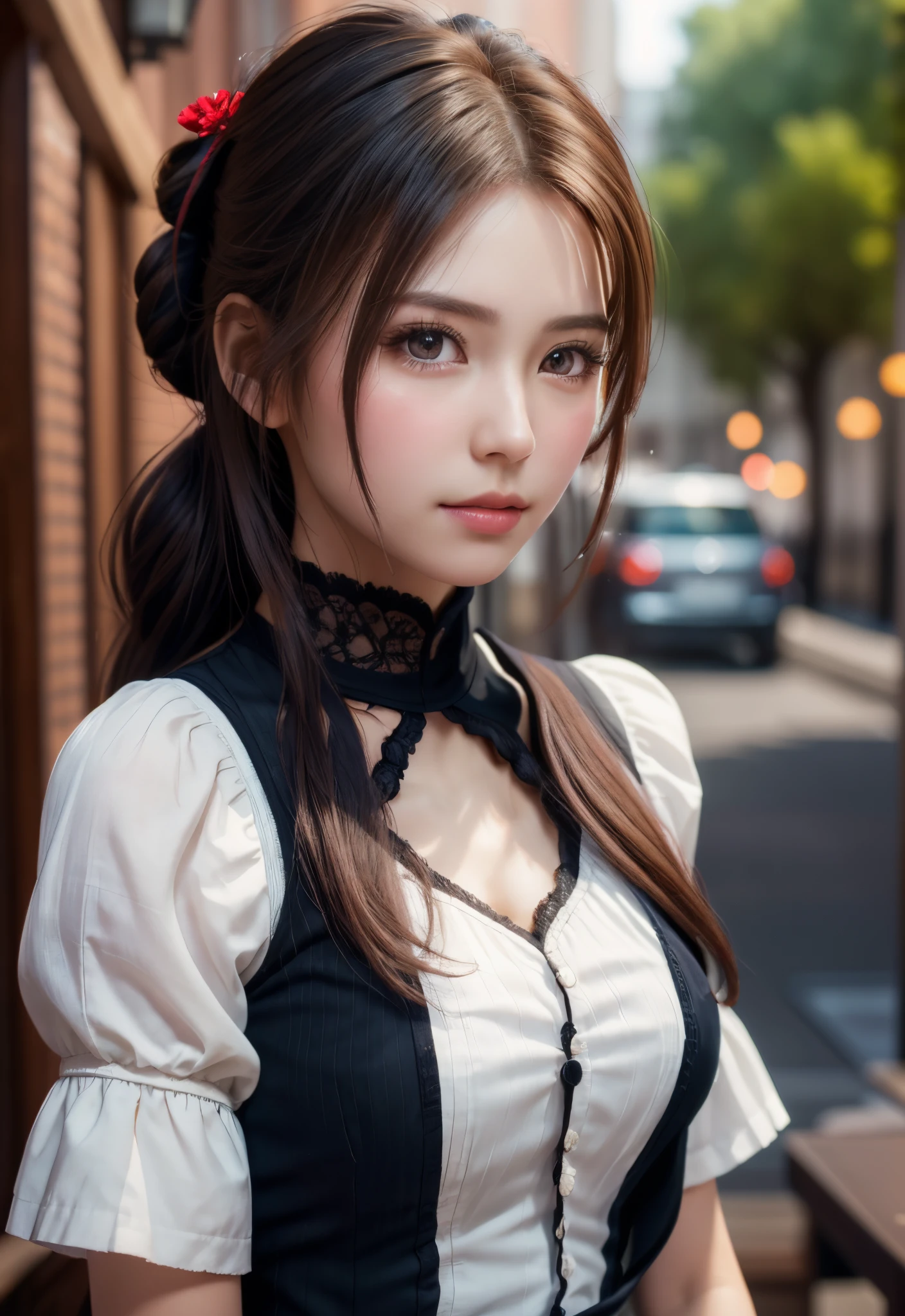 8K, of the highest quality, masutepiece:1.2), (Realistic, Photorealsitic:1.37), of the highest quality, masutepiece, Beautiful young woman, Pensive expression,、A charming、and an inviting look, Cute Maid Clothes, Hair tied back, Cinematic background, Light skin tone
