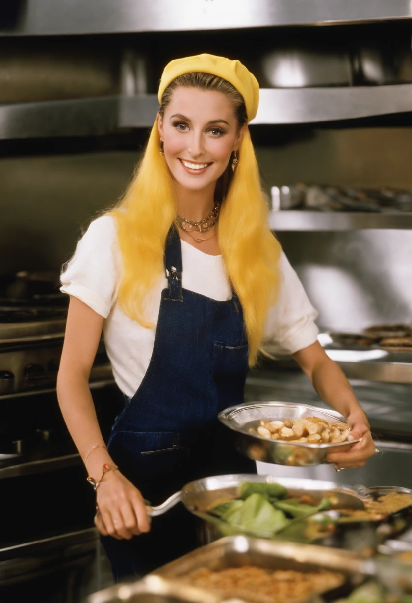A photo of Cher volunteering at a local community kitchen, serving hot meals to those in need,Clueless,Cher Horowitz, the protagonist of the film “Clueless,” is a quintessential 1990s fashion icon, played by Alicia Silverstone. She is often depicted in stylish, trend-setting outfits that epitomize the high fashion of Beverly Hills teens in the 90s. Her wardrobe is full of bright colors, plaid patterns, and designer labels, accessorized with headbands, knee-high socks, and platform shoes. Cher’s blonde hair and polished makeup contribute to her look as a fashionable and popular high school student. Her appearance is not just a reflection of her status but also an extension of her confident and outgoing personality.