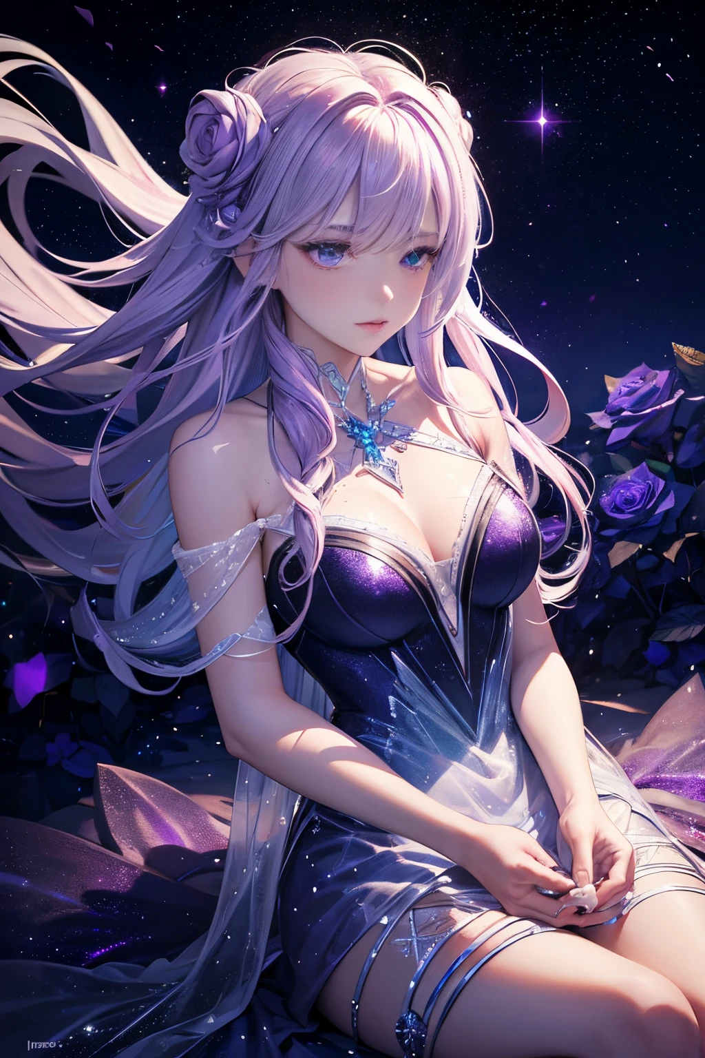 (raw photo:1.2), dreamwave, (aesthetic:0.7), a (frozen:1.1) cosmic rose, the petals glitter with a crystalline shimmer, swirling nebulas, ethereal lighting, purple, nighttime, (beautiful:1.1), darkness,