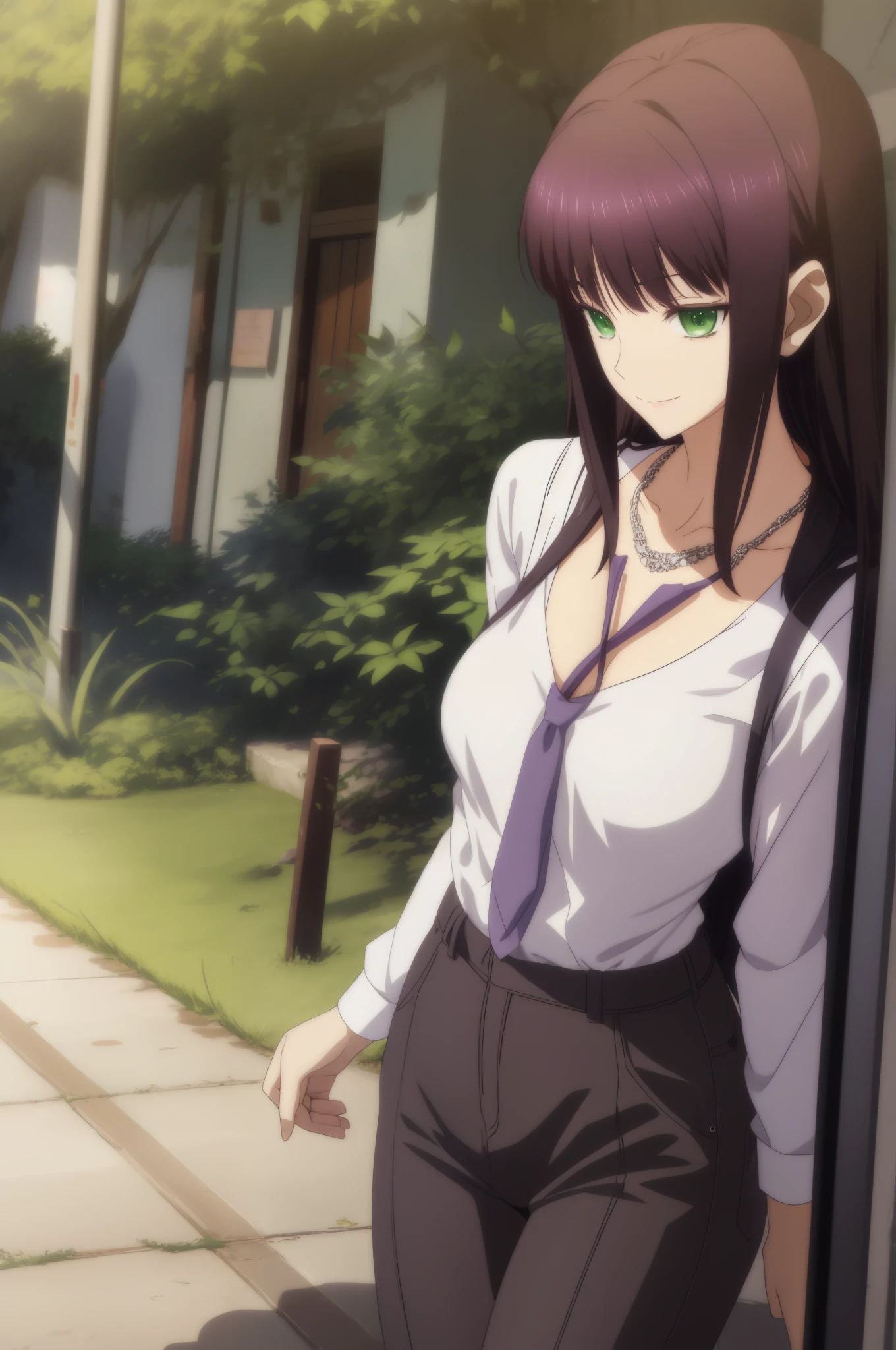 Anime girl with red hair and white shirt posing in front of the house, , Seductive Anime Girl, official anime still, anime visual of a young woman, a female anime character, official studio anime still, 8K UHD, hight resolution,Very detailed CG, High quality shadows, Detail Beautiful delicate face, Detail Beautiful delicate eyes,Makima (chain saw man),Sukasaha (Fate/grand order),Shimohira Reihua ,Hi-Res,Very delicate and beautiful CG illustration,top-quality,Realistic skin feeling,Realistic fabric,Realistic texture,beautiful thigh,big breasts thin waist,(((masutepiece))), (((Best Quality))),8K,32K,masterpiece,beautiful alluring anime woman,ultra-definition,ultra-detailliert,hight resolution,a hyperrealistic schoolgirl,masuter piece, Best Quality, High quality, High Definition, high quality texture, high quality shadow, high detailing,finely detail,1girl in,High school students,Solo,Soio,Only one person,Alone,One Person,tall,AS-Adult,Mature atmosphere,Leg length,neat and long legs,8 Head Body,stature:171cm,Mature girls,Reddish-purple hair,Reddish-purple hair,Purple hair,Magenta hair,silky and smooth hair,Colorful hair,Straight hair,Smile,Smiling happily,lively expression,Cute smile,Cool Beauty,Beautuful Women,Neat face, Beautiful realism,Seductive look,Bewitching look,serene expressions,beautiful hairl,She wears a necklace around her neck,Necklace,bead necklace,magatama accessories,A slight smil,Colorful eyes,green colored eyes,Jade-colored eyes,beautidful eyes,Bright eye,Delicat eyes,Eyes Like Gems,Jade Eyes,Hanging eyes,(Green eyes:1.5),Seductive face,watching at viewers,mystic atmosphere,,Seductive face,looking at the viewers,((White collared shirt)),Pendants,JINS,Waistband,Blue Pants,Hands folded behind your back,is standing,during daytime,Sunlight,plein air,Walking,Business District,Model photo,Looking at the camera,blue-sky,is standing,White button shirt,Model photo,Walking,Black tank top,Blue Pants,Put your hands behind your back,((Skinny Long Jeans))