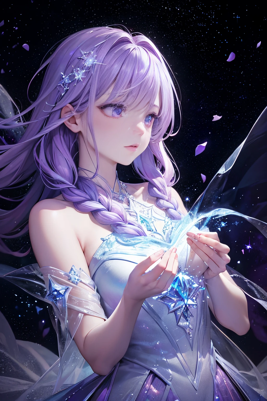 (raw photo:1.2), dreamwave, (aesthetic:0.7), a (frozen:1.1) cosmic rose, the petals glitter with a crystalline shimmer, swirling nebulas, ethereal lighting, purple, nighttime, (beautiful:1.1), darkness,