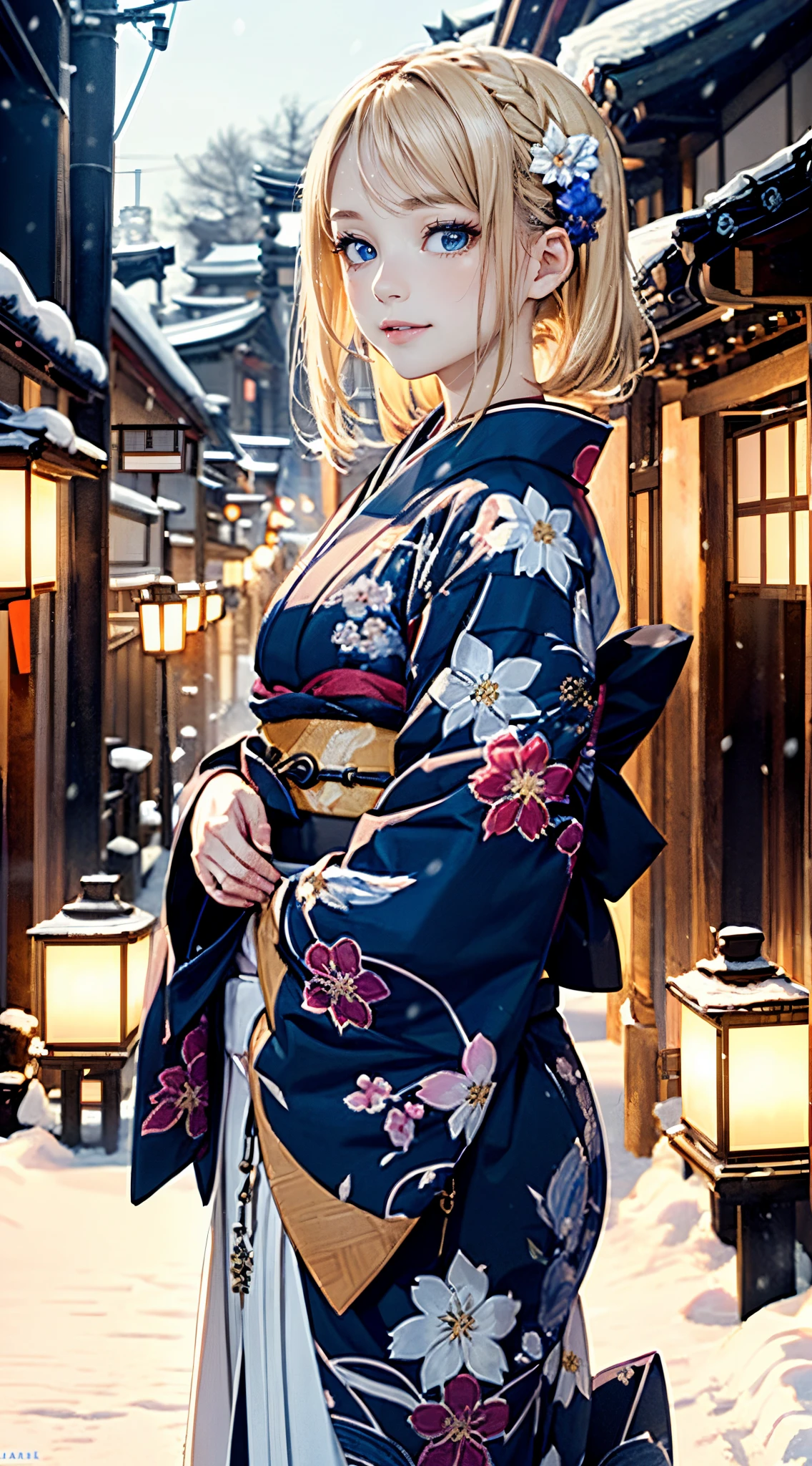 (masterpiece),(top-quality:1.2),1girl in,(masuter piece:1.3),exquisitedetails, Highest quality 8K resolution,Vibrant colors, With warm and gentle lighting,(Melody Mark:1.3),(Black floral kimono:1.3),(Lots of lanterns),(Smooth straight blonde hair:1.4),(Hair parted in the middle:1.3),(Glowing hair),(Dark blue eyes:1.3),cute smile face,White skin, hair clips,Small necklace,(Kyoto in the snow:1.3)、