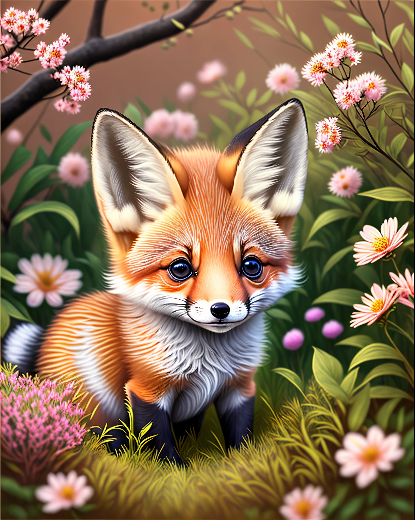cute  fox, coming out of a flowering bush, --auto --s2