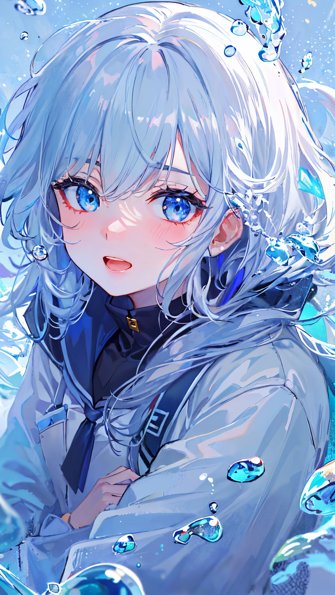Anime girl with blue eyes and white hair in the water - SeaArt AI