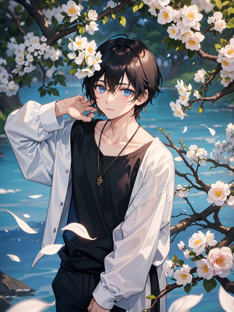 one male boy, leaning against tree, looking at viewer, detailed eyes, light blue eyes, black hair, short messy hair, slight smile, flower petals, wearing loose clothing, earing, necklace, slight breeze