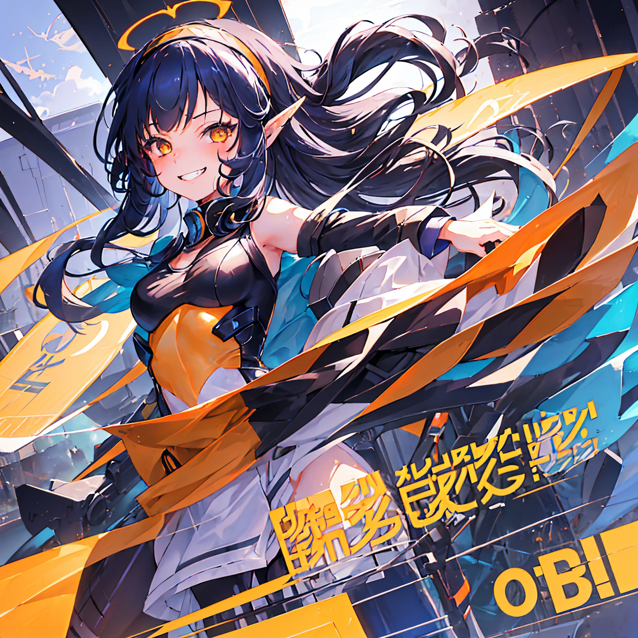 1 girl, solo, Himari, full picture, young woman, small breasts, black hair with blue tips, long hair, long pointy ears, yellow eyes, hairband, cute bird hair accessory, mecha_girl, cyber_eyes, grin, crazy smile, wide open eyes, orange and black combat bodysuit