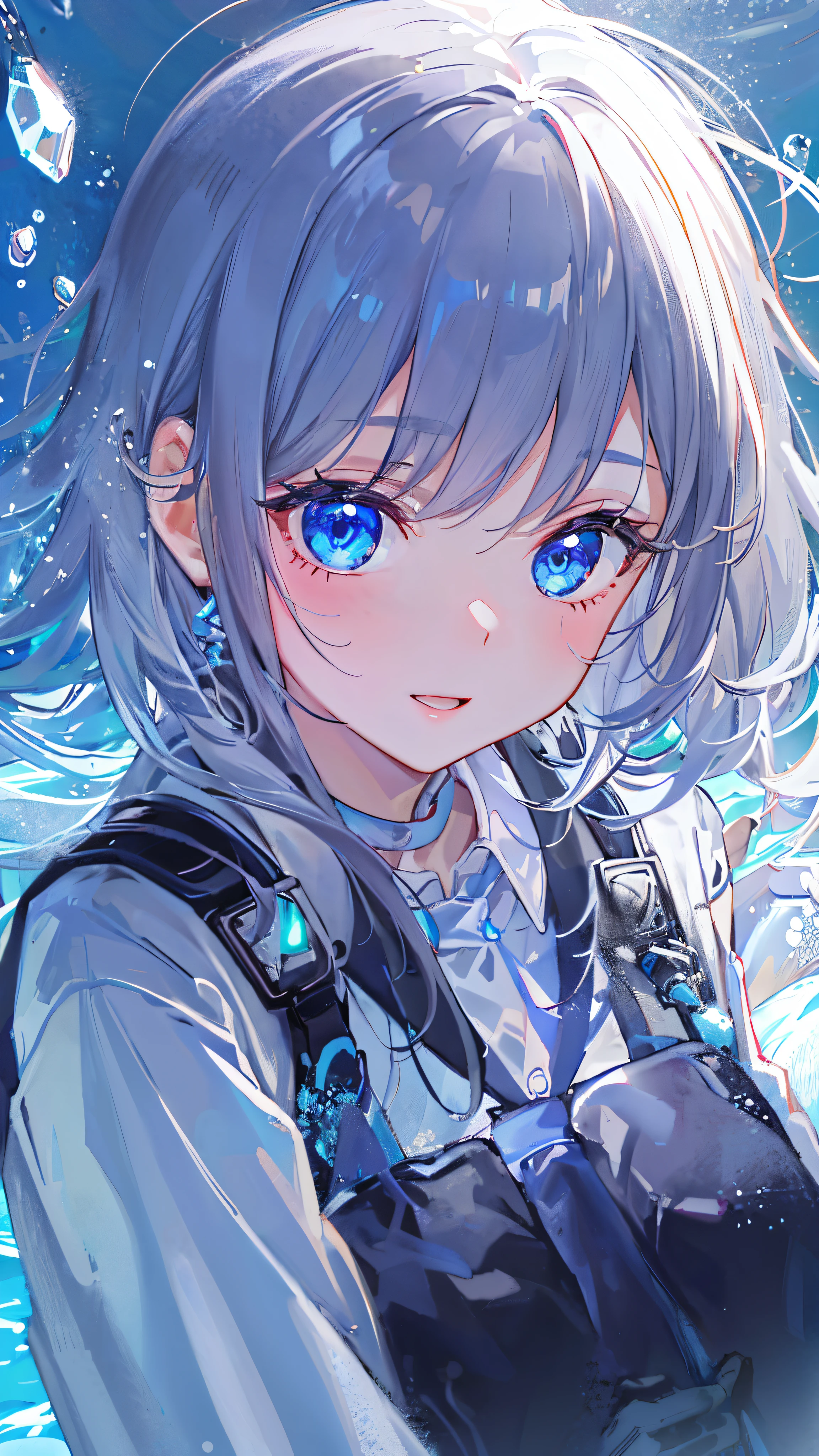 ((top-quality)), ((​masterpiece)), ((ultra-detailliert)), (Extremely delicate and beautiful), girl with, 独奏, cold attitude,((Black jacket)),She is very(relax)with  the(Settled down)Looks,depth of fields,Evil smile,Bubble, under the water, Air bubble,Underwater world bright light blue eyes,inner color with bright gray hair and light blue tips,,,,,,,,,,,,,Cold background,Bob Hair - Linear Art, shortpants、knee high socks、White uniform like school uniform、Light blue ribbon ties、Clothes are sheer、Hands in pockets、Bright eyes like sapphire,Fronllesse Blue, A small blue light was floating、fantastic eyes、Angle of view when taking selfies