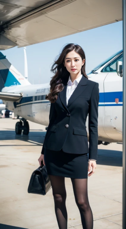 best quality, masterpiece, 8k, ultra high res, (photorealistic:1.4), highly detailed, intricate detail, delicate and beautiful, good lighting, professional lighting, sharp focus, detailed shadows, exquisite details and textures, depth of field, unity 8k wallpaper, cinematic composition, cinematic lighting, official art, Cabin Crew, flight attendant, black pantyhose, (aircraft, (Aircraft Corridor), Aircraft seats) beautiful elegant face, detailed face, detailed eyes, realistic hair, long hair, (1girl), (standing:1.3),