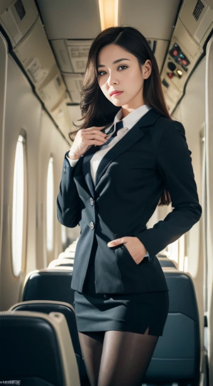 best quality, masterpiece, 8k, ultra high res, (photorealistic:1.4), highly detailed, intricate detail, delicate and beautiful, good lighting, professional lighting, sharp focus, detailed shadows, exquisite details and textures, depth of field, unity 8k wallpaper, cinematic composition, cinematic lighting, official art, Cabin Crew, flight attendant, black pantyhose, (aircraft, (Aircraft Corridor), Aircraft seats) beautiful elegant face, detailed face, detailed eyes, realistic hair, long hair, (1girl), (standing:1.3),