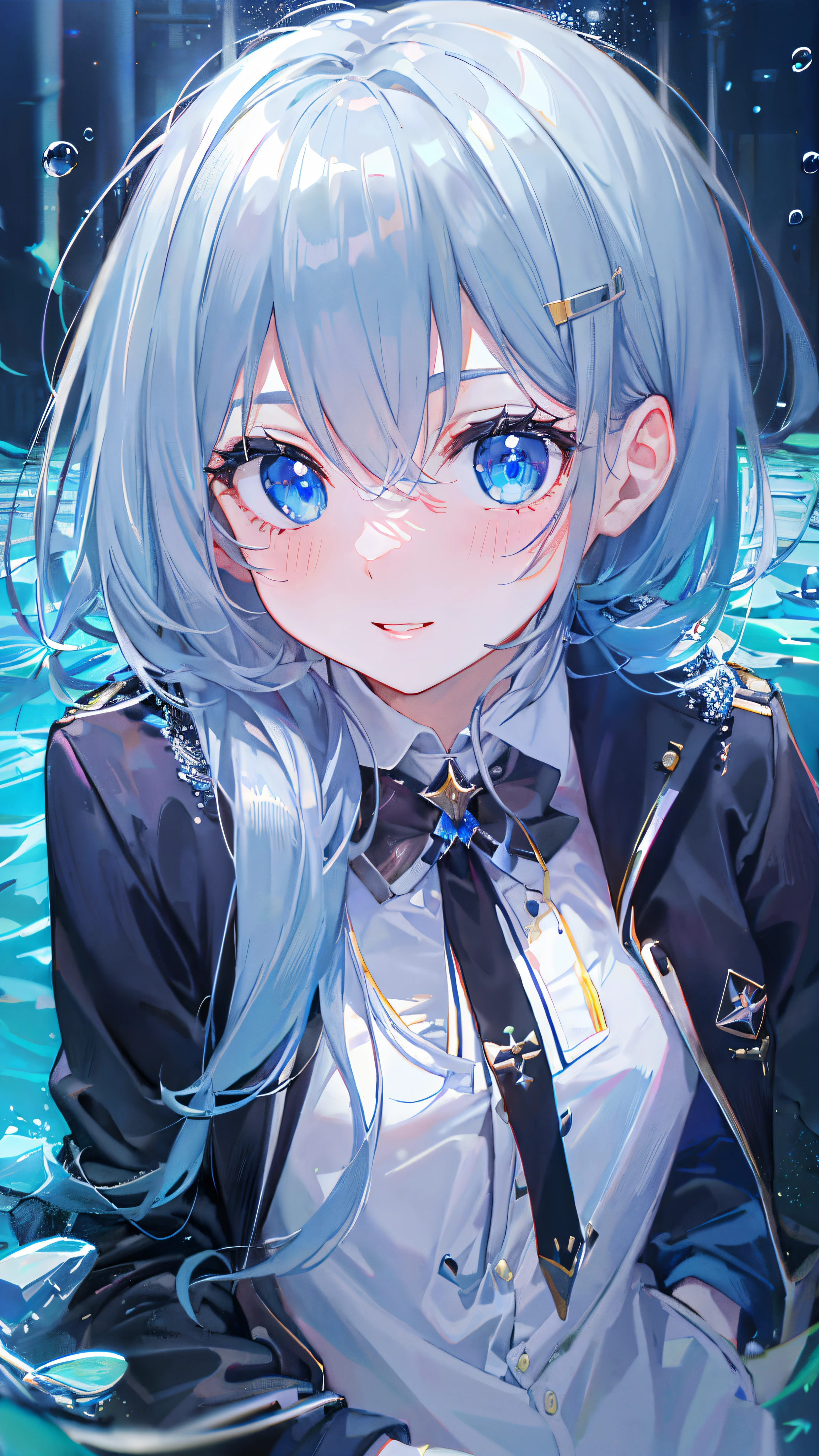 ((top-quality)), ((​masterpiece)), ((ultra-detailliert)), (Extremely delicate and beautiful), girl with, 独奏, cold attitude,((Black jacket)),She is very(relax)with  the(Settled down)Looks,depth of fields,Evil smile,Bubble, under the water, Air bubble,Underwater world bright light blue eyes,inner color with bright gray hair and light blue tips,,,,,,,,,,,Cold background,Bob Hair - Linear Art, shortpants、knee high socks、White uniform like school uniform、Light blue ribbon ties、Clothes are sheer、Hands in pockets、Bright eyes like sapphire,Fronllesse Blue, A small blue light was floating、fantastic eyes、Angle of view when taking selfies