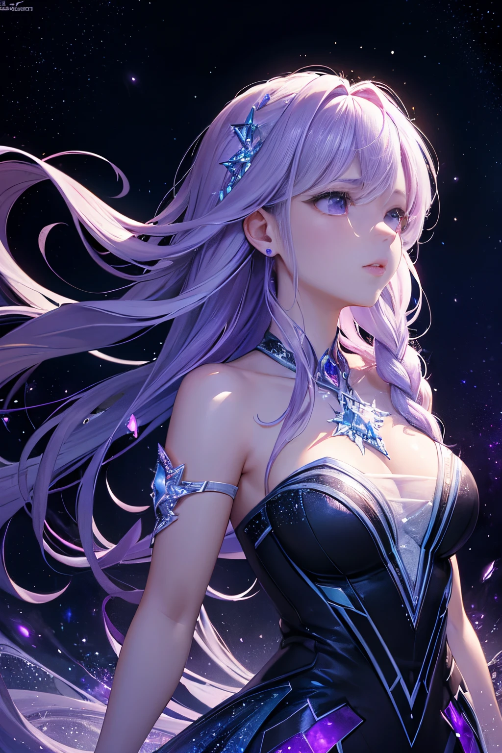 (raw photo:1.2), dreamwave, (aesthetic:0.7), a (frozen:1.1) cosmic rose, the petals glitter with a crystalline shimmer, swirling nebulas, ethereal lighting, purple, nighttime, (beautiful:1.1), darkness,