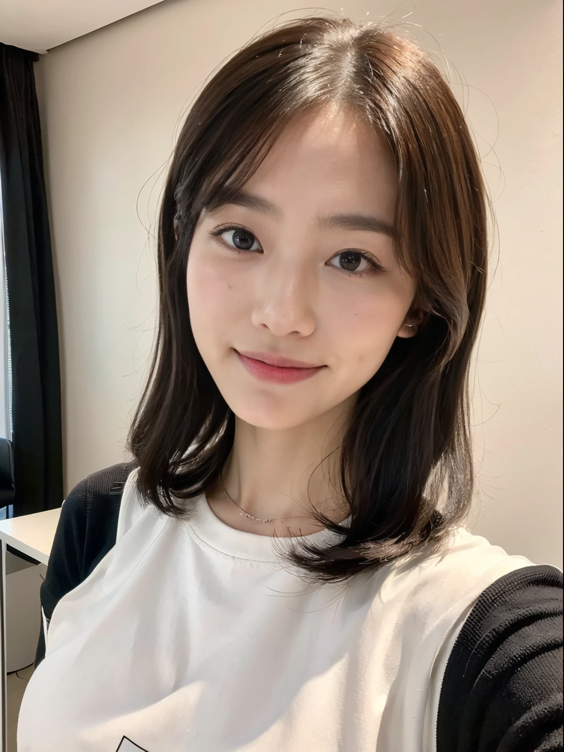 (ロイヤルシスタースタイルの韓国スター1人)、((top-quality、8K、​masterpiece:1.3))、(slenderbody:1.3)、focus:1.2、Perfect Body Beauty:1.4、(a smile)、(street:1.3)、Highly detailed facial and skin texture、finely eye、二重まぶた、Whitened skin、(shorth hair、air bangs:1.3)、(with round face:1.5)、Sunlight、(white wall room with window、Shot in a beauty salon)
