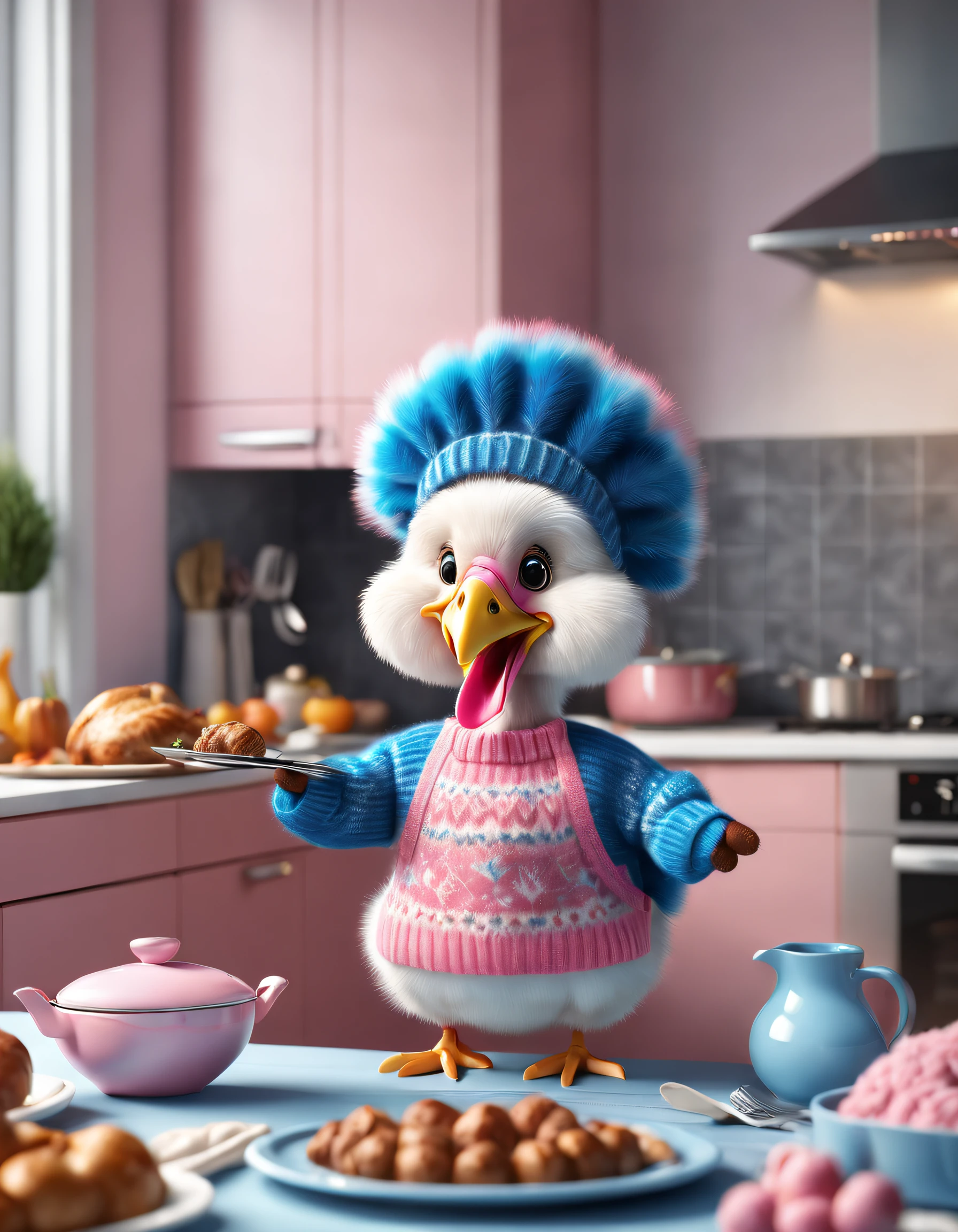 Brand advertising,Creative poster,Cute turkey cooking in blue and pink sweater,a 3D render, Focus sharp,,ultra-realistic realism, Fluffy, unreal-engine, 5 quality rendering, a 3D render, furry art,