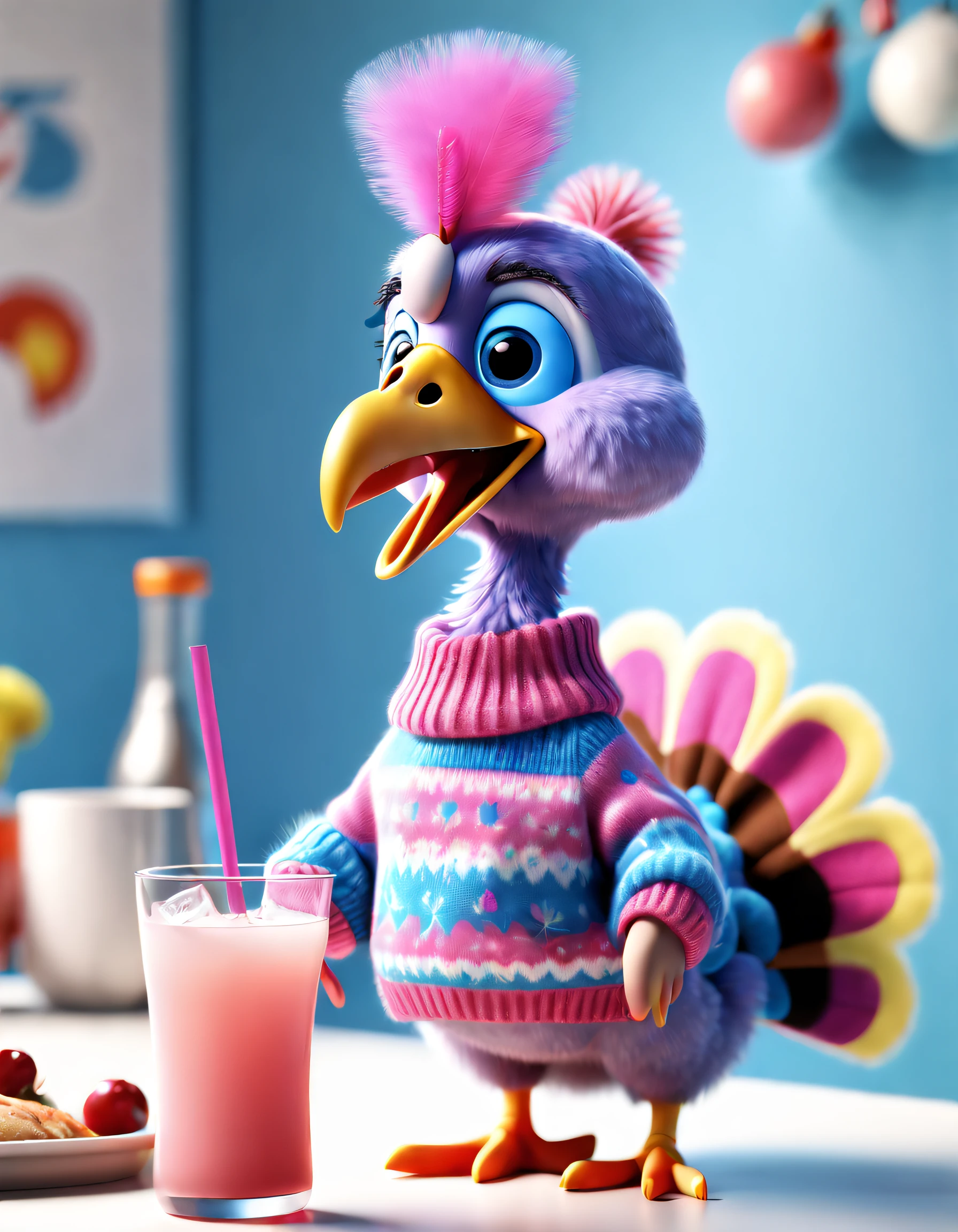 Brand advertising,Creative poster,Cute turkey wearing blue and pink sweater and pixar drink,a 3D render, ultra-realistic realism, Fluffy, unreal-engine, 5 quality rendering, a 3D render, furry art,