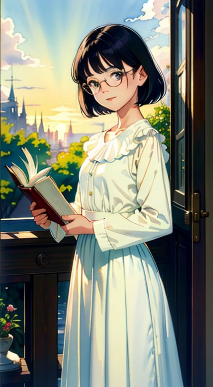 (Watercolor in Sargent style)、(top-quality、masterpiece)、超A high resolution、high-detail、(David Hamilton Style)、(softfocus)、Cinema Angle、ciinematic light、Soft light、femele、、(Short black hair)、(Pill glasses)、(A wistful look)、美丽的面容、kindly smile、tiny chest、校服、White blouses、onepiece、(long skirt)、(book library)、Sunset light、Lush green environment、Vintage, classical、(nostalgia )、