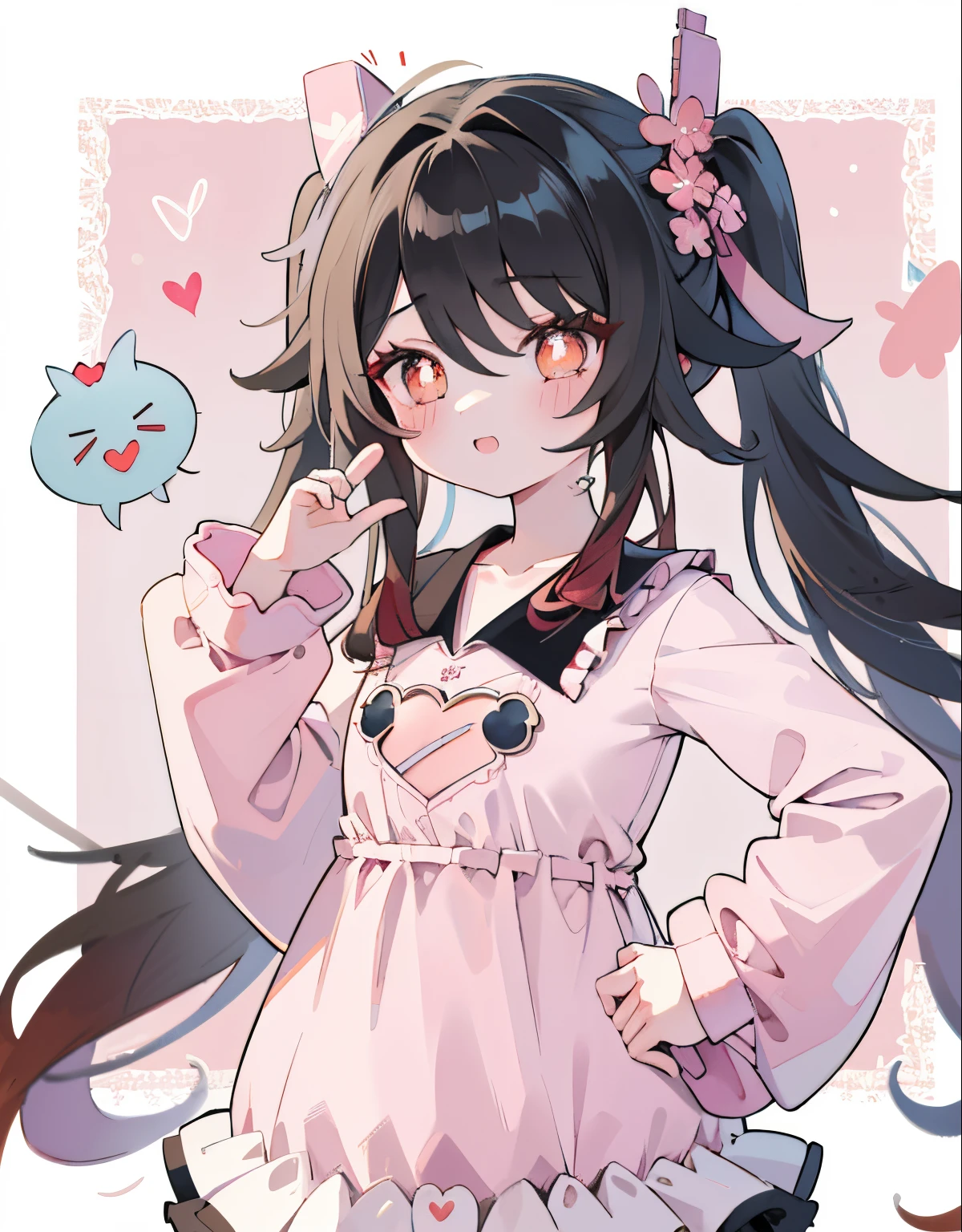 azhiichigo style，Big eyes, dense lines, Cute,,Yukura.Khoico,,Upper body,.\(Style\):Kawaii Style,,..\(Composition\):\1girl in,,..\(appearance\): consistency,Naughty face,Smile,Wavy Hair,Dark hair,Crimson Eye,..\(Clothing\):,(Clothing with a lot of frills, Lace and ribbon:1.2),(Pastel Color Style:1.1),put hands on the hip,Cheeky face,White and pink clothes,White and pink shoes,,..\(Behavior\):,..\(location\): (surround,Heart-shaped gemstones, Starry Heart),,..\(quality\): Best Quality,masutepiece,,.,