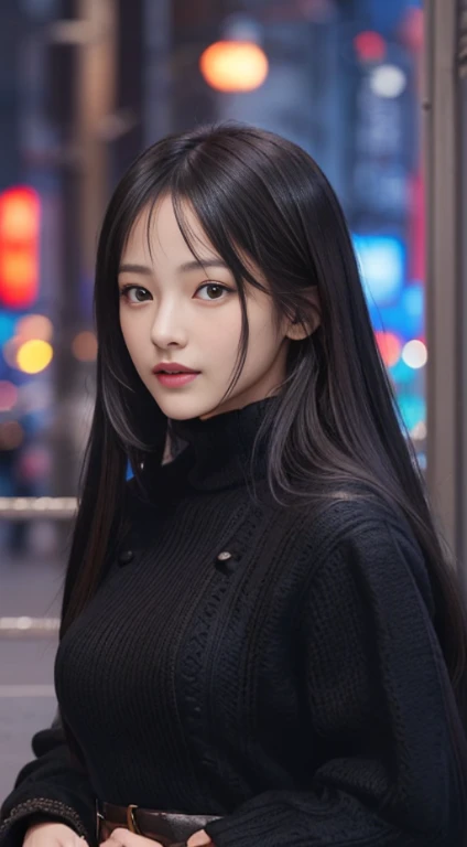 ​masterpiece, 1 beautiful girls, detaileds, Swollen eyes, top-quality, 超A high resolution, (现实: 1.4), OriginalPhotographs, 1girl in, 电影灯光, (A smile,:0.5) japanes, Asian Beauty, Korean, Proper, very extremely beautiful, Slightly younger face, Beautiful skins, slender, cyberpunk backgrouns, (A hyper-realistic), (illustratio), (hight resolution), (8K), (ighly detailed), (The best illustrations), (beautifully detailed eyes), (ultra-detailliert), (wall-paper), (详细的脸), looking at the viewers, fine detailed, A detailed face、deep-shadows、Unobtrusive、pureerosfaceace_v1、46-point diagonal bangs、Facing straight ahead、(dark red turtleneck low gauge knit blouse), golden buckle belt, black leather pants, ((dark-blown duffel coat)),、Black colored eyes、
