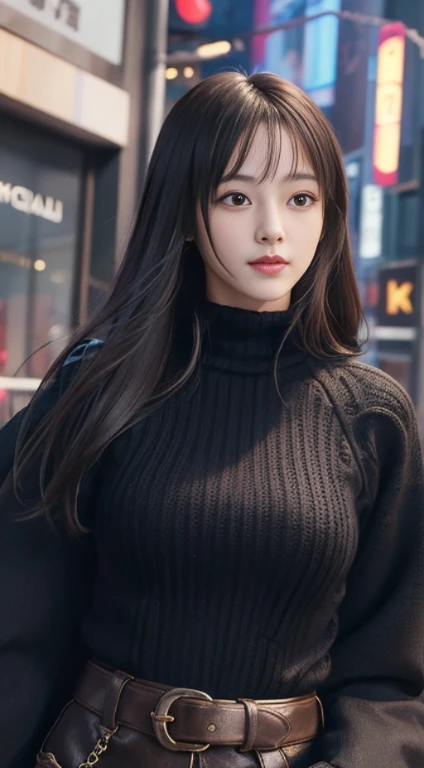 ​masterpiece, 1 beautiful girls, detaileds, Swollen eyes, top-quality, 超A high resolution, (现实: 1.4), OriginalPhotographs, 1girl in, 电影灯光, (A smile,:0.5) japanes, Asian Beauty, Korean, Proper, very extremely beautiful, Slightly younger face, Beautiful skins, slender, cyberpunk backgrouns, (A hyper-realistic), (illustratio), (hight resolution), (8K), (ighly detailed), (The best illustrations), (beautifully detailed eyes), (ultra-detailliert), (wall-paper), (详细的脸), looking at the viewers, fine detailed, A detailed face、deep-shadows、Unobtrusive、pureerosfaceace_v1、46-point diagonal bangs、Facing straight ahead、(dark red turtleneck low gauge knit blouse), golden buckle belt, black leather pants, ((dark-blown duffel coat)),、Black colored eyes、