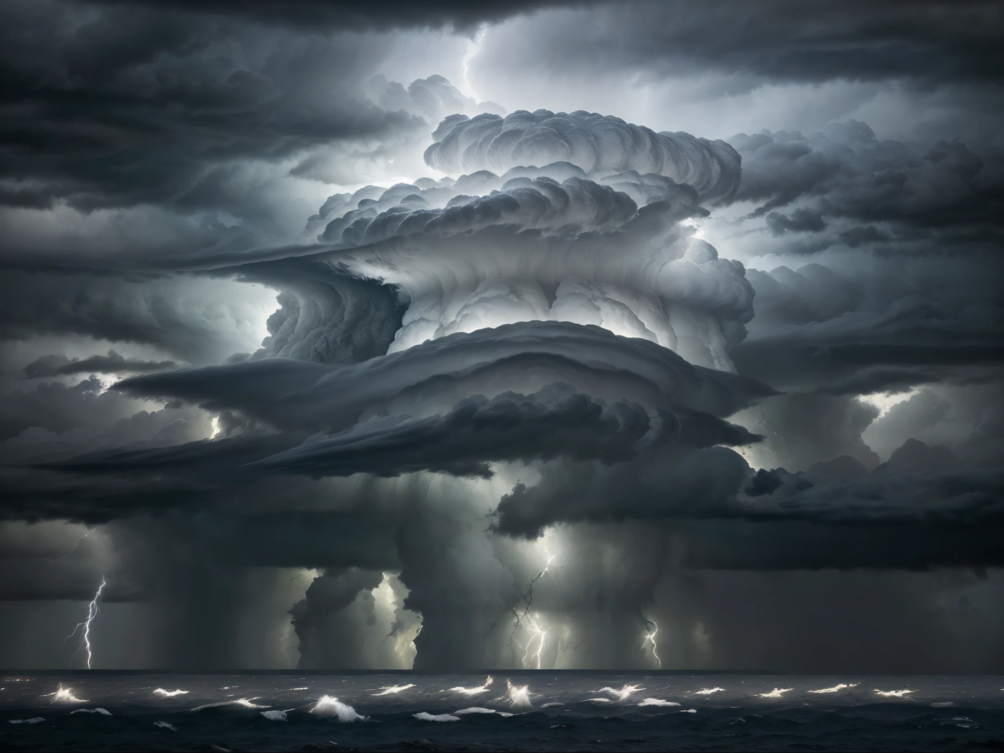 In the midst of a tempestuous sky, dark, brooding clouds gather with intensity. These billowing masses of moisture create a sense of foreboding and drama, as if a tempest is about to unleash its fury upon the earth. The image, perhaps a photograph snapped at the perfect moment, captures the tumultuous beauty of stormy weather. The intricate details of each cloud formation and the depth of color portrayed convey a vivid realism. The high-definition quality and impeccable clarity allow viewers to almost feel the electrifying charge in the air. This captivating image transports the audience into a world where nature's power and awe-inspiring beauty converge in an enchanting display.