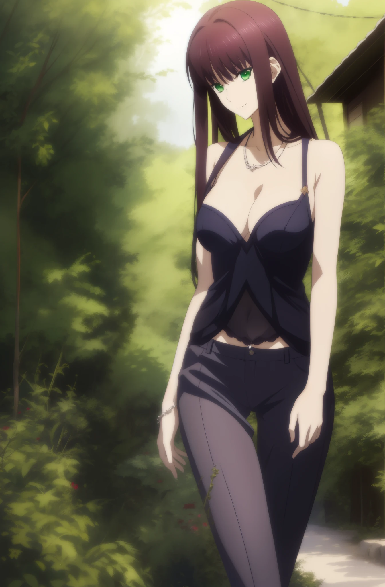 Seductive Anime Girl, official anime still, anime visual of a young woman, a female anime character, Official Studio Anime Stills 8K UHD, hight resolution,Very detailed CG, High quality shadows, Detail Beautiful delicate face, Detail Beautiful delicate eyes,BREAK(Very detailed 8k wallpaper),,Black tank top,JINS,shortpants,((shortpants)),(Highly detailed CG 8K wallpaper),Makima (chain saw man),Sukasaha (Fate/grand order),Shimohira Reihua ,Hi-Res,Very delicate and beautiful CG illustration,top-quality,Realistic skin feeling,Realistic fabric,Realistic texture,beautiful thigh,big breasts thin waist,(((masutepiece))), (((Best Quality))),8K,32K,masterpiece,beautiful alluring anime woman,ultra-definition,ultra-detailliert,hight resolution,a hyperrealistic schoolgirl,masuter piece, Best Quality, High quality, High Definition, high quality texture, high quality shadow, high detailing,finely detail,1girl in,High school students,Solo,Soio,Only one person,Alone,One Person,tall,AS-Adult,Mature atmosphere,Leg length,neat and long legs,8 Head Body,stature:171cm,Mature girls,Reddish-purple hair,Reddish-purple hair,Purple hair,Magenta hair,silky and smooth hair,Colorful hair,Straight hair,Smile,Smiling happily,lively expression,Cute smile,Cool Beauty,Beautuful Women,Neat face, Beautiful realism,Seductive look,Bewitching look,serene expressions,beautiful hairl,She wears a necklace around her neck,Necklace,bead necklace,magatama accessories,A slight smil,Colorful eyes,green colored eyes,Jade-colored eyes,beautidful eyes,Bright eye,Delicat eyes,Eyes Like Gems,Jade Eyes,Hanging eyes,(Green eyes:1.5),Seductive face,watching at viewers,mystic atmosphere,,Seductive face,looking at the viewers,during daytime,stroll,Building Street,Sunlight,blue-sky,is standing,Model photo,Walking,