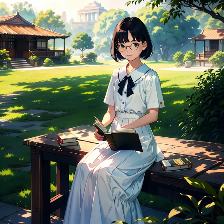 (Watercolor in Sargent style)、(top-quality、masterpiece)、超A high resolution、high-detail、(David Hamilton Style)、(softfocus)、Cinema Angle、ciinematic light、Soft light、femele、17 age、(Short black hair)、(Pill glasses)、(A wistful look)、美丽的面容、kindly smile、tiny chest、校服、White blouses、Onepiece、(long skirt)、(book library)、Sunset light、Lush green environment、Vintage, classical、(nostalgia )、